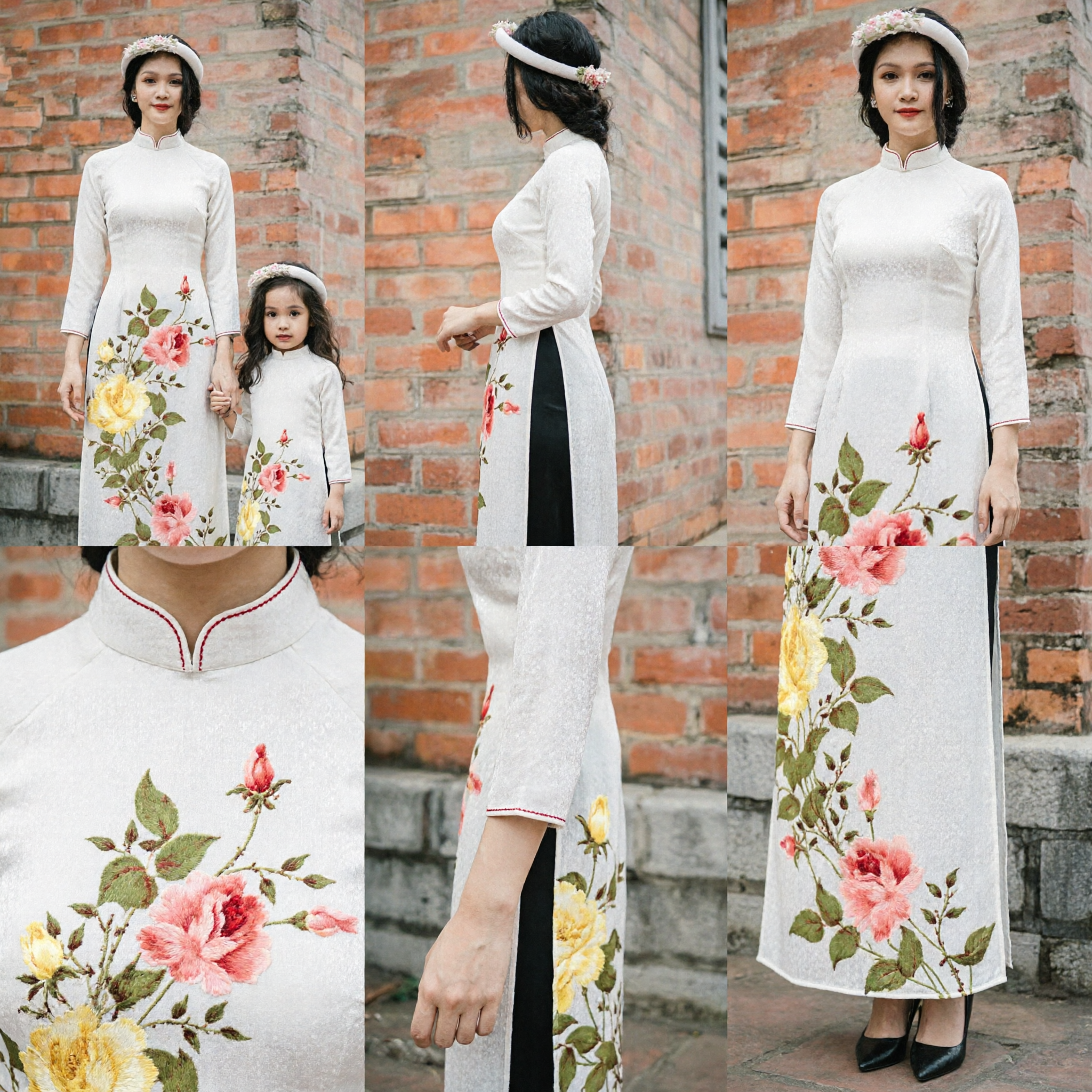 White Floral Vietnamese Ao Dai Mother Daughter Matching Set Traditional Long Sleeve Dress for Wedding and Tet