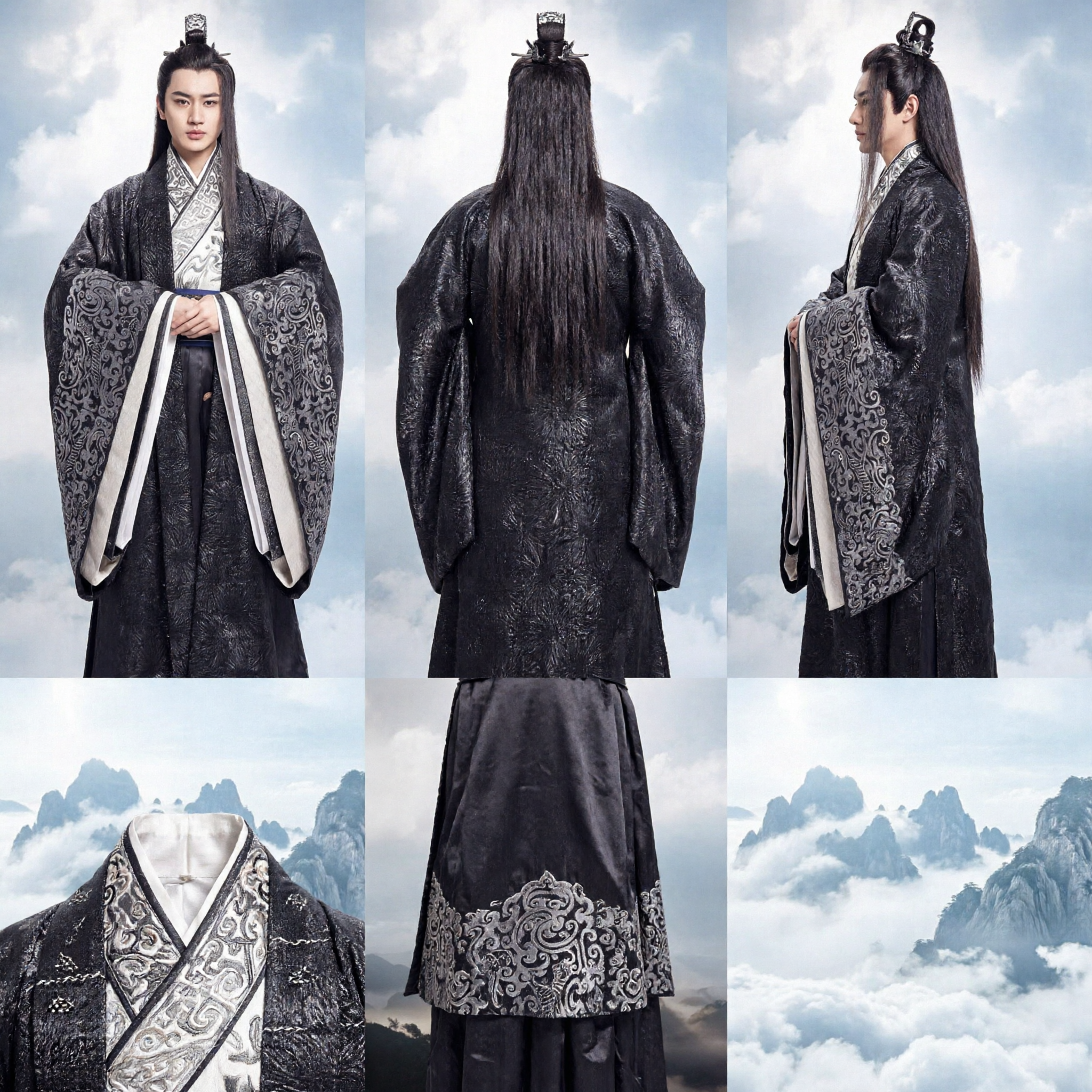 Ancient Chinese Black Hanfu Robe with Silver Embroidery Traditional Costume for Men Cosplay Stage Performance