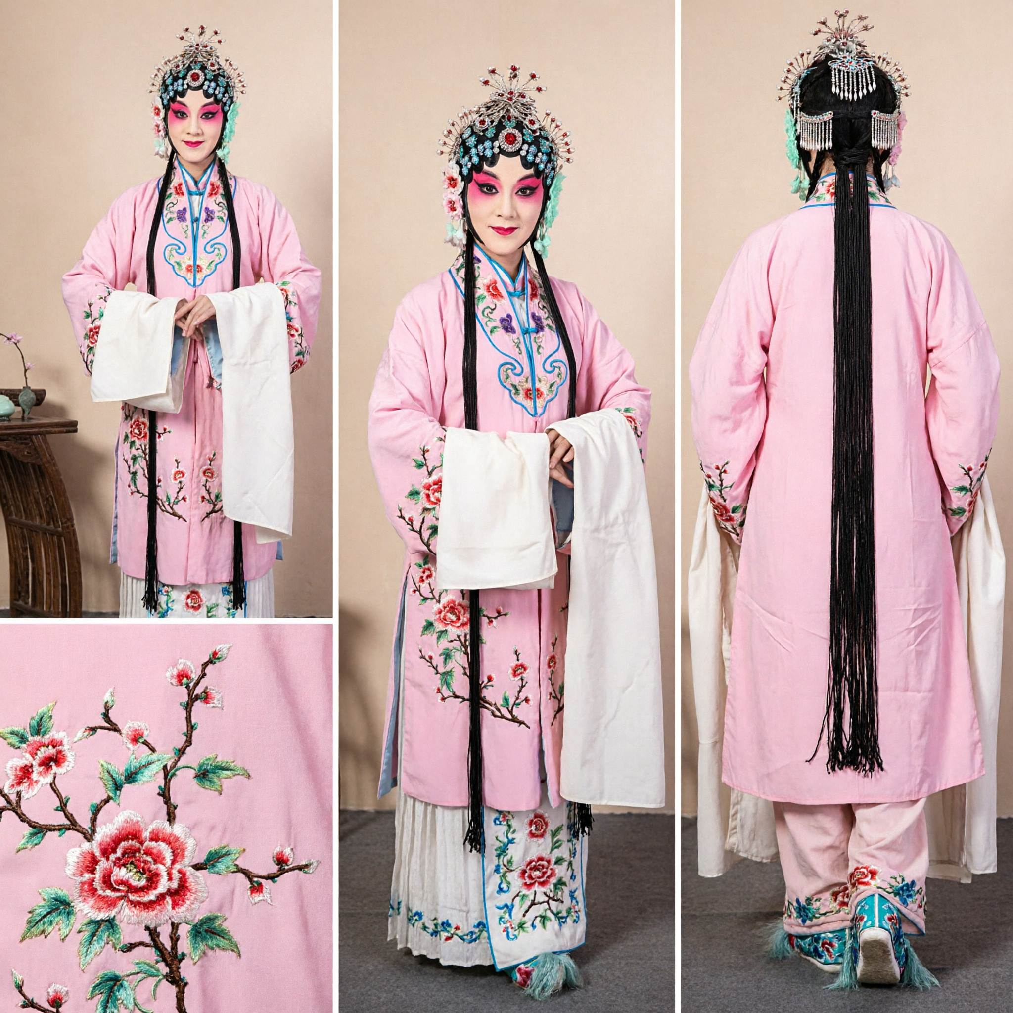 Traditional Chinese Peking Opera Costume for Women Pink Embroidered Robe Headdress and Props Complete Set