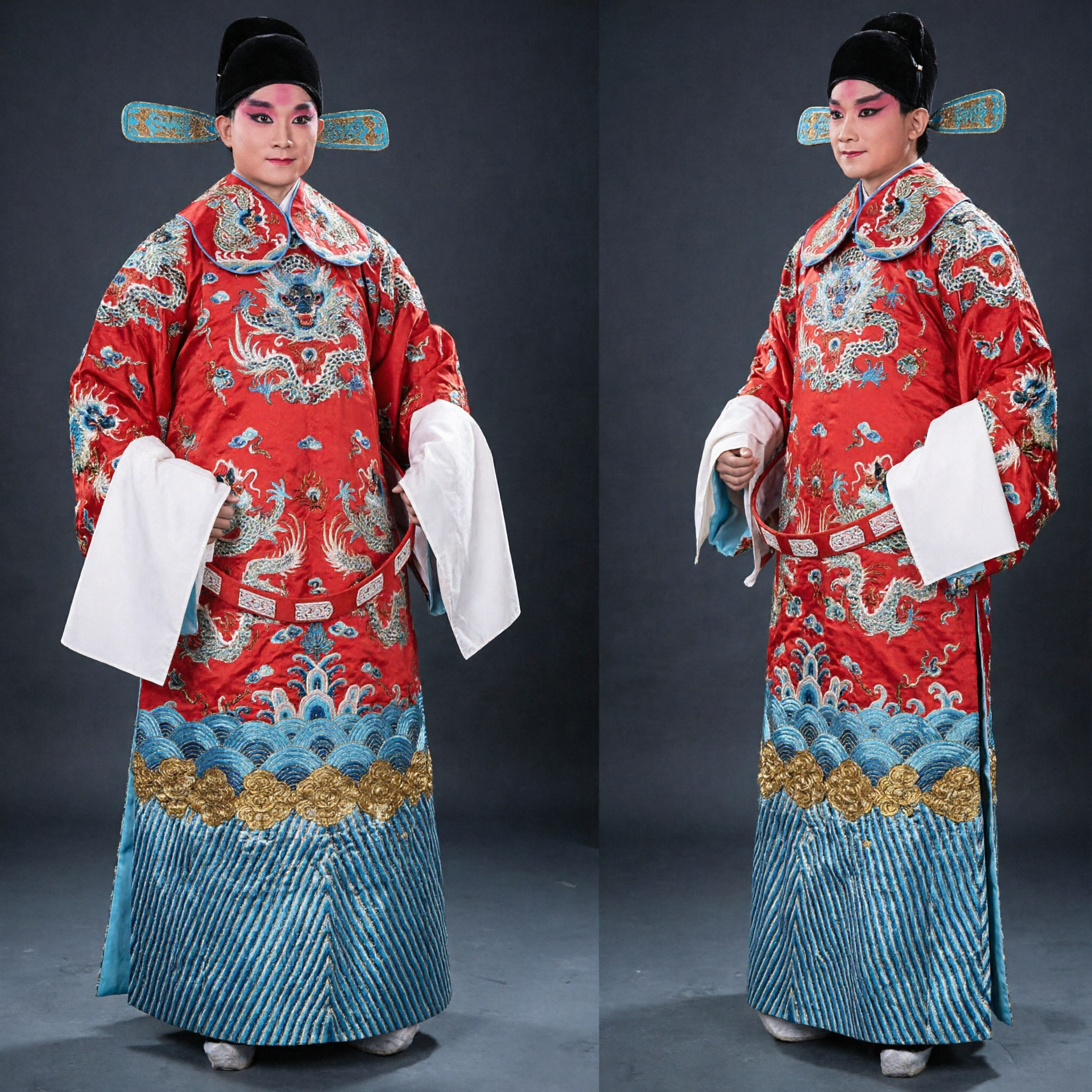 Traditional Chinese Peking Opera Costume Men Red Dragon Robe Ancient Official Scholar Clothing for Stage Performance