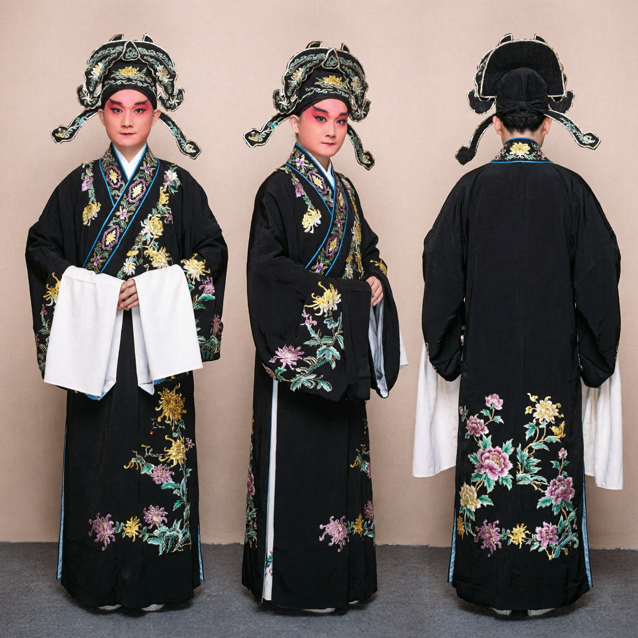 Traditional Chinese Peking Opera Black Embroidered Scholar Robe and Hat Set for Men Performance