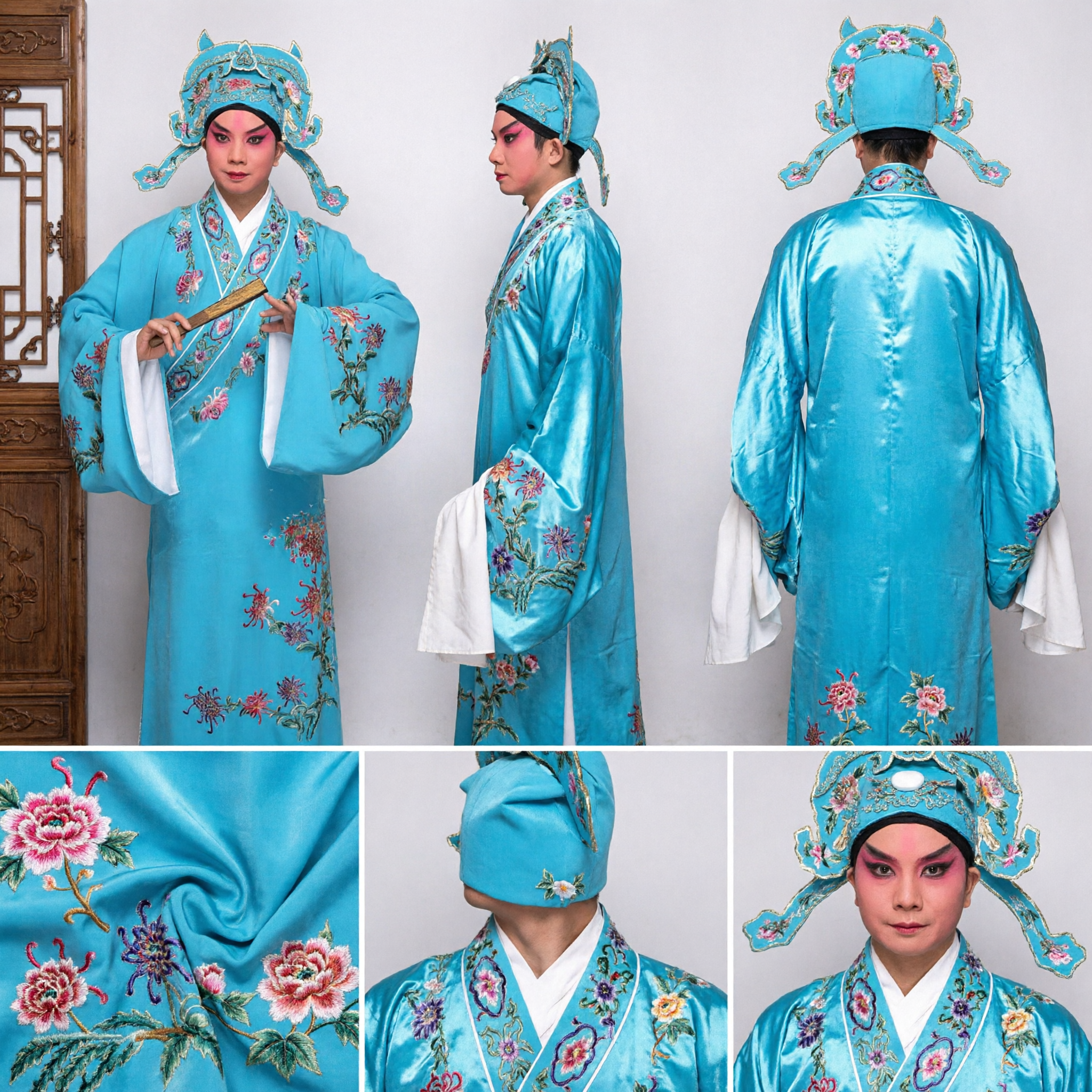 Traditional Chinese Beijing Opera Blue Scholar Costume Complete Set with Embroidery and Hat for Stage Performance