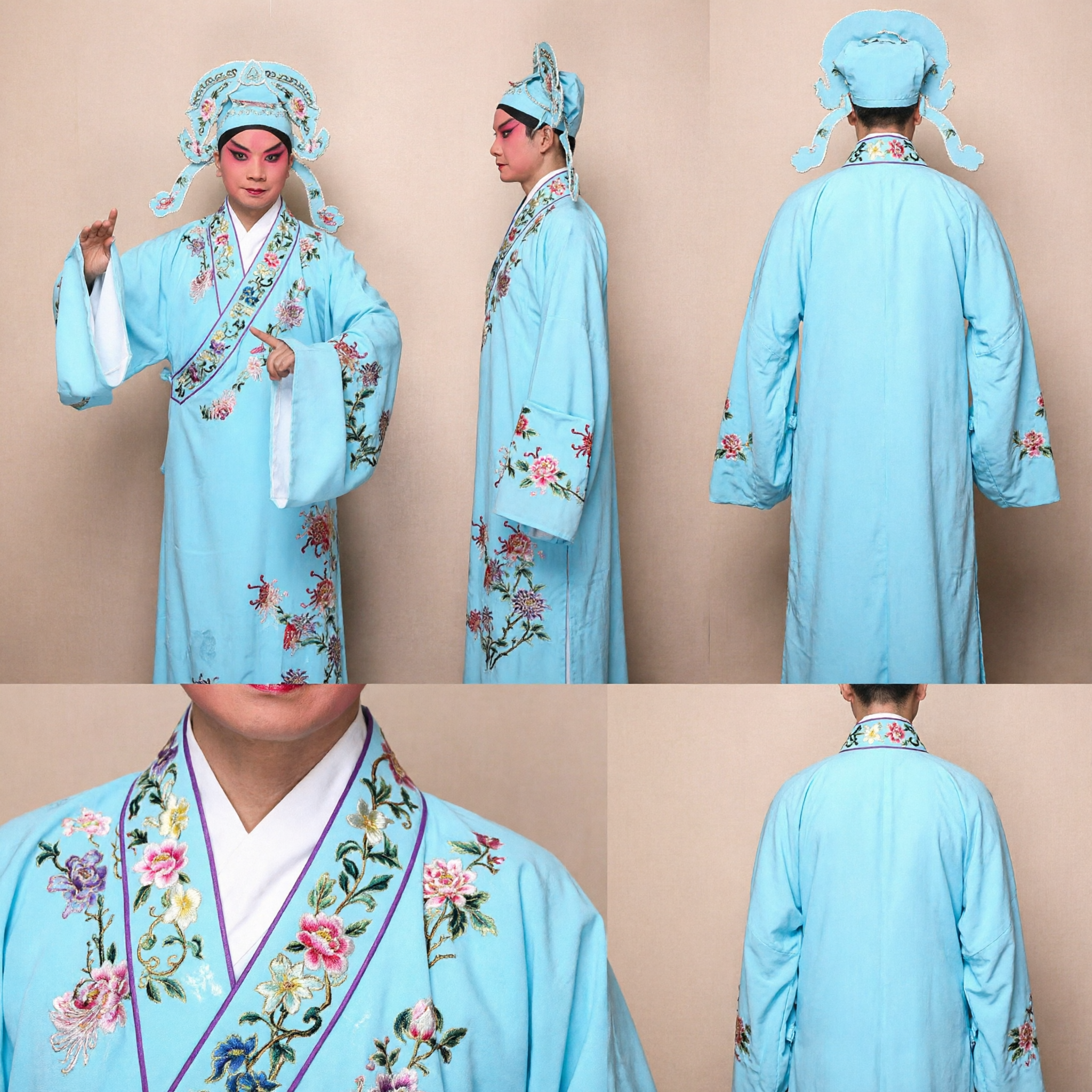 Chinese Traditional Peking Opera Costume Men Blue Embroidered Scholar Robe Ancient Stage Performance Wear