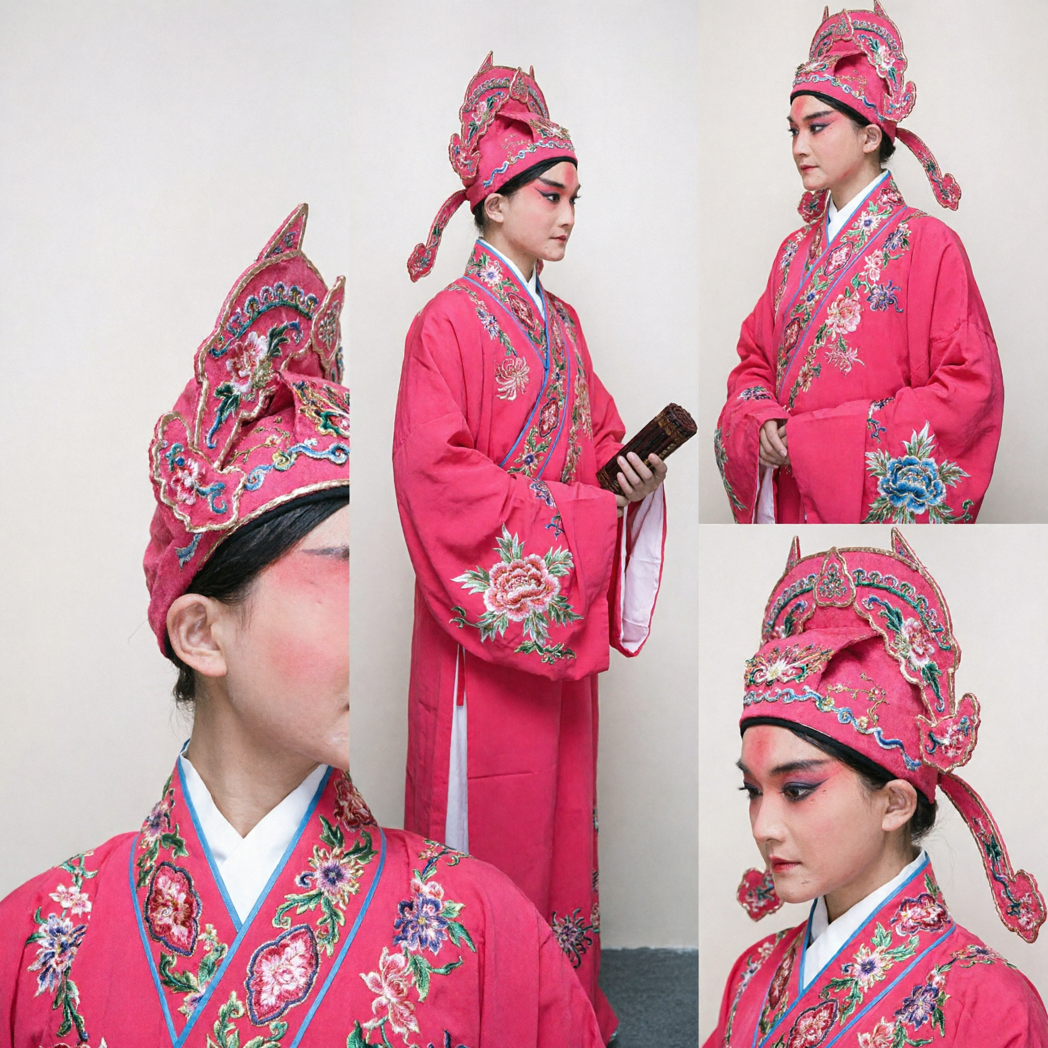 Traditional Chinese Peking Opera Scholar Costume Pink Embroidered Robe and Hat for Men Stage Performance