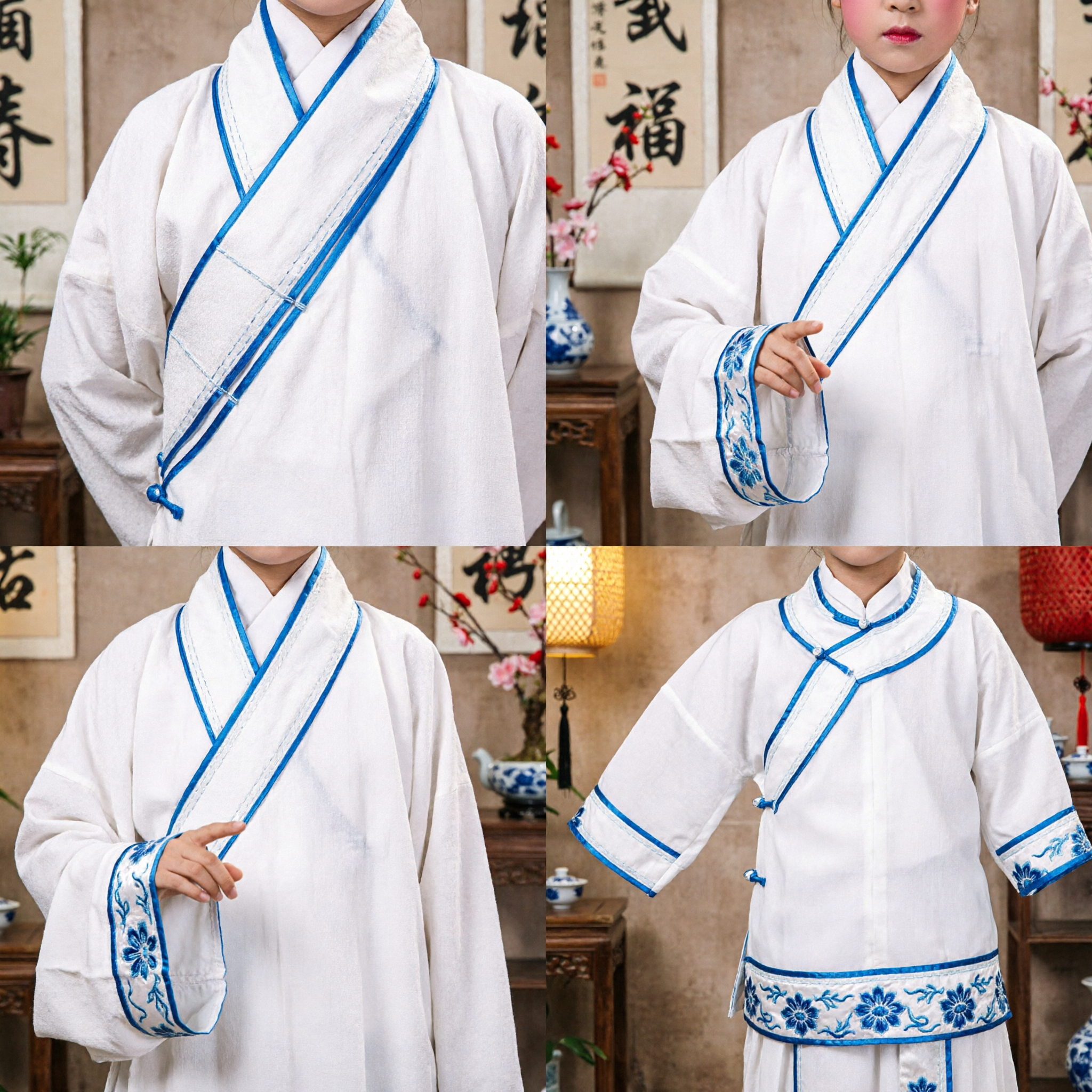 Kids Beijing Opera Costume White Scholar Robe with Green Headwrap for Stage Performance and Cultural Events