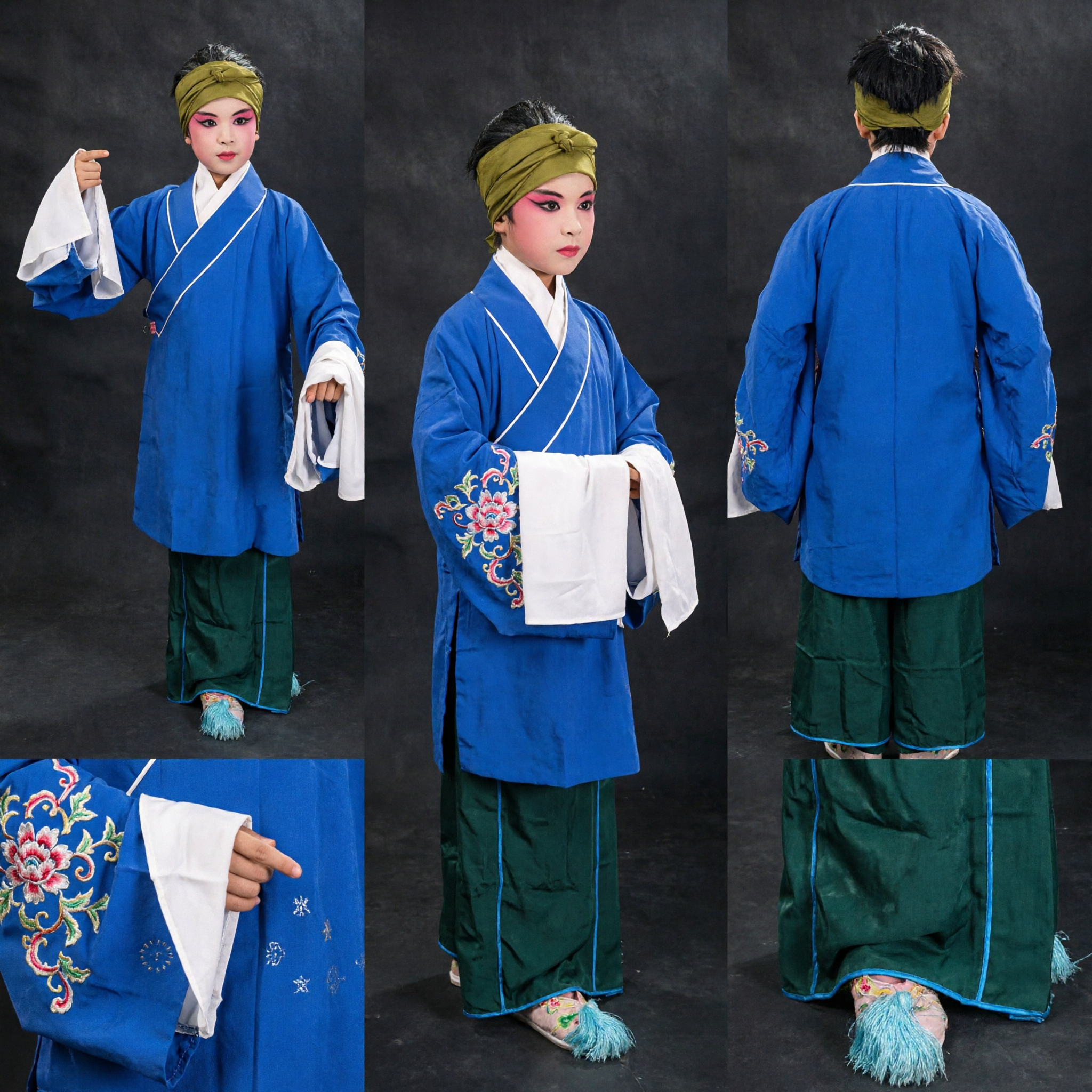 Traditional Chinese Peking Opera Costume for Kids Blue Scholar Robe Performance Outfit with Headwrap