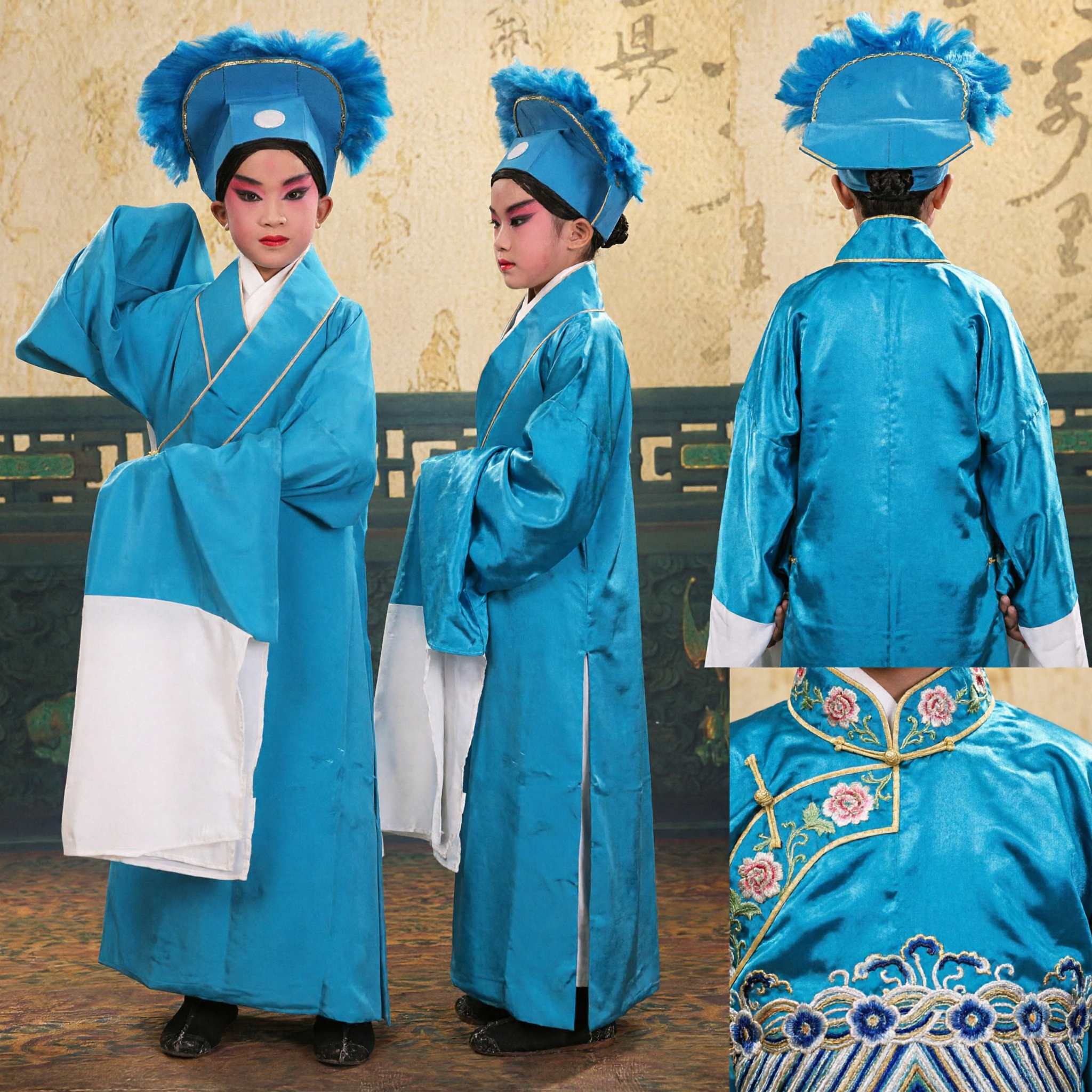 Kids Chinese Peking Opera Costume Blue Scholar Robe Traditional Stage Performance Outfit for Children