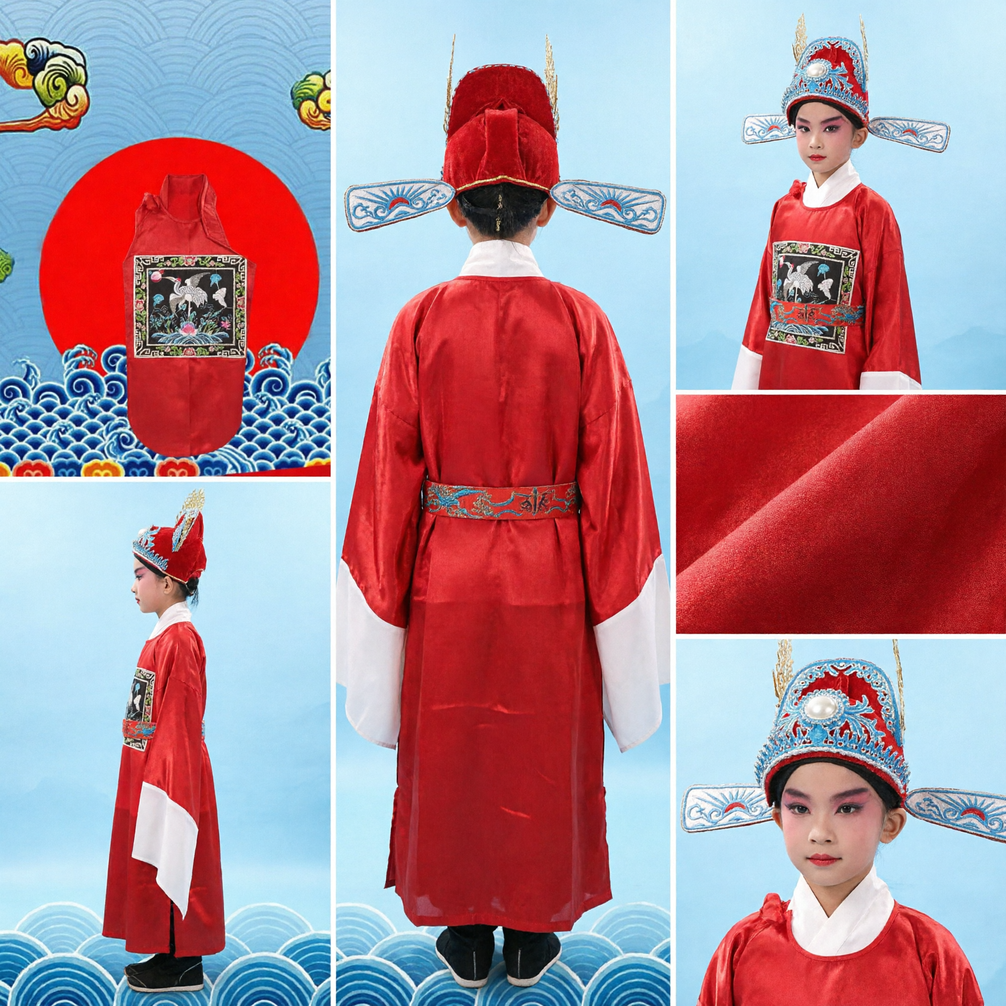 Children's Traditional Chinese Beijing Opera Official Costume Red Robe with Crane Embroidery for Stage Performance