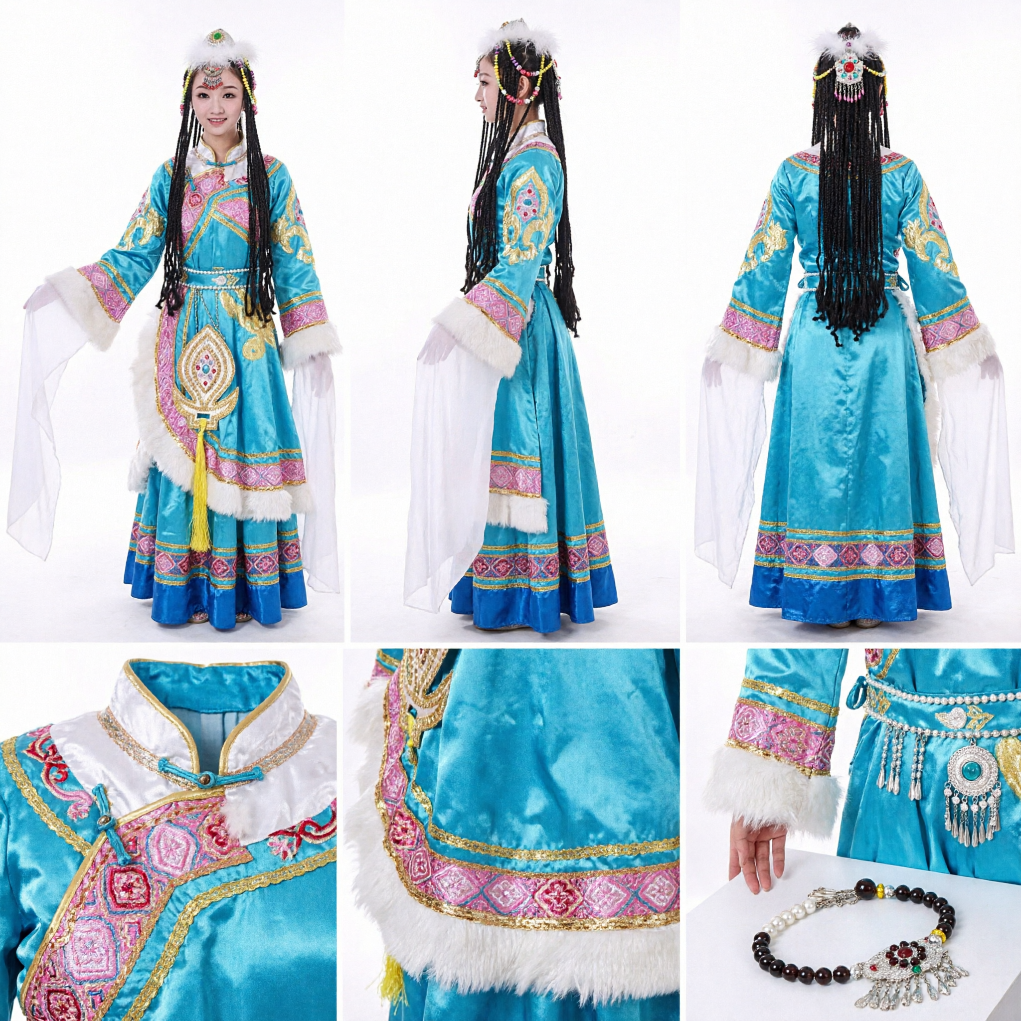 Traditional Chinese Tibetan Folk Dance Costume Blue Dress with Long Water Sleeves for Women Performance