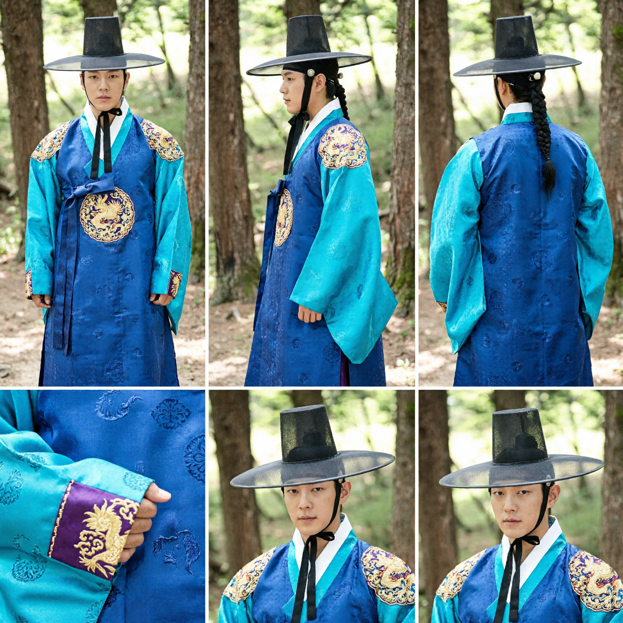 Men's Royal Blue Korean Hanbok Costume Set with Traditional Black Gat Hat for Cosplay and Historical Performances