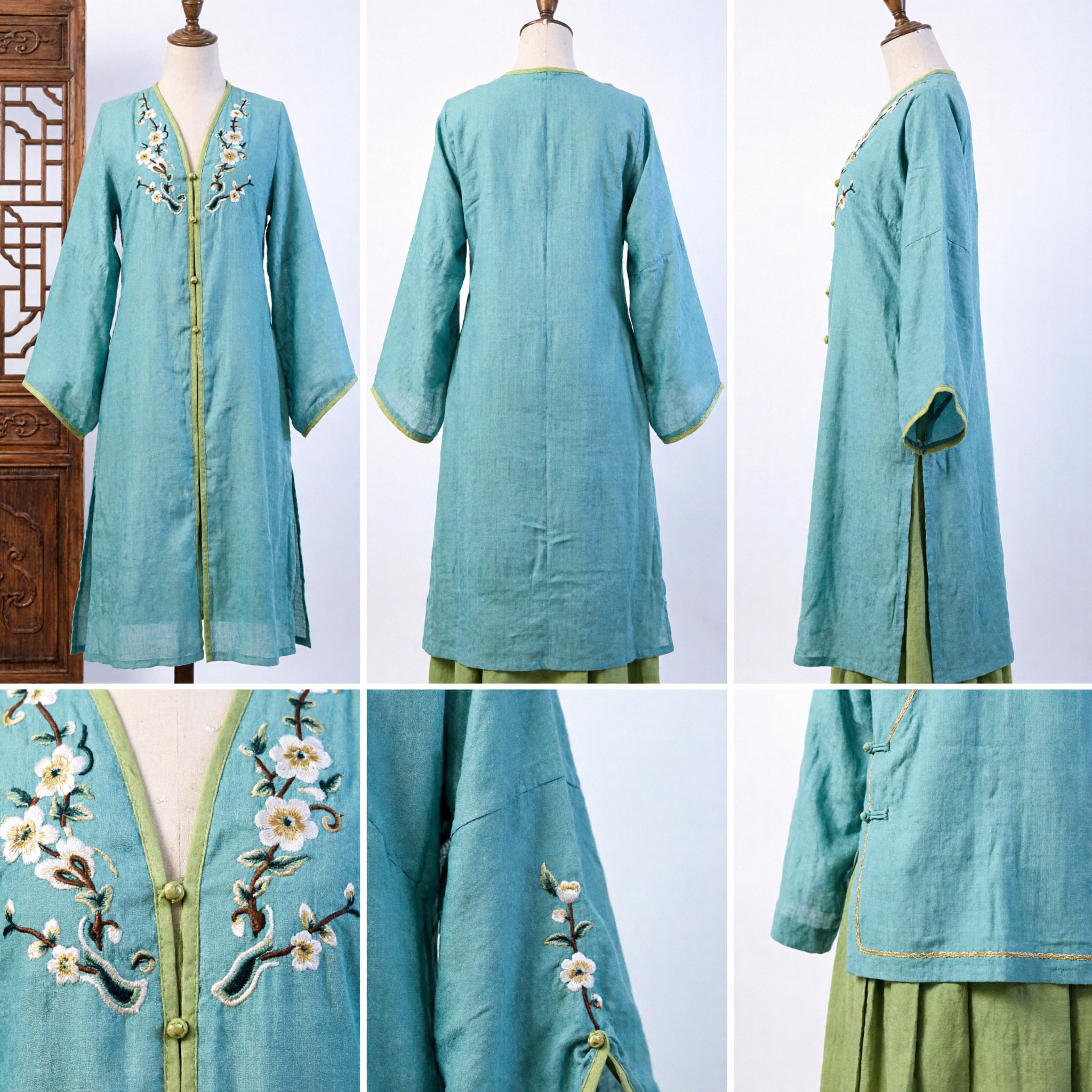Elegant Turquoise Embroidered Abaya Kaftan Open Front Kimono Sleeve Long Modest Dress for Women