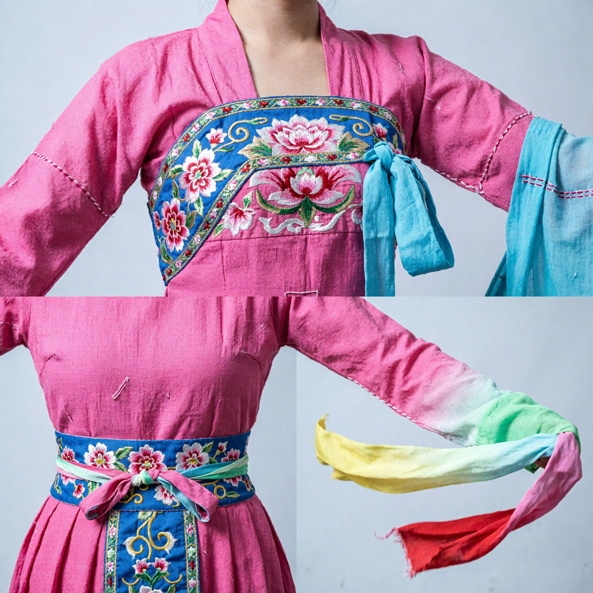 Vibrant Pink Chinese Ribbon Dance Costume with Long Multi-Color Silk Water Sleeves for Folk Performance