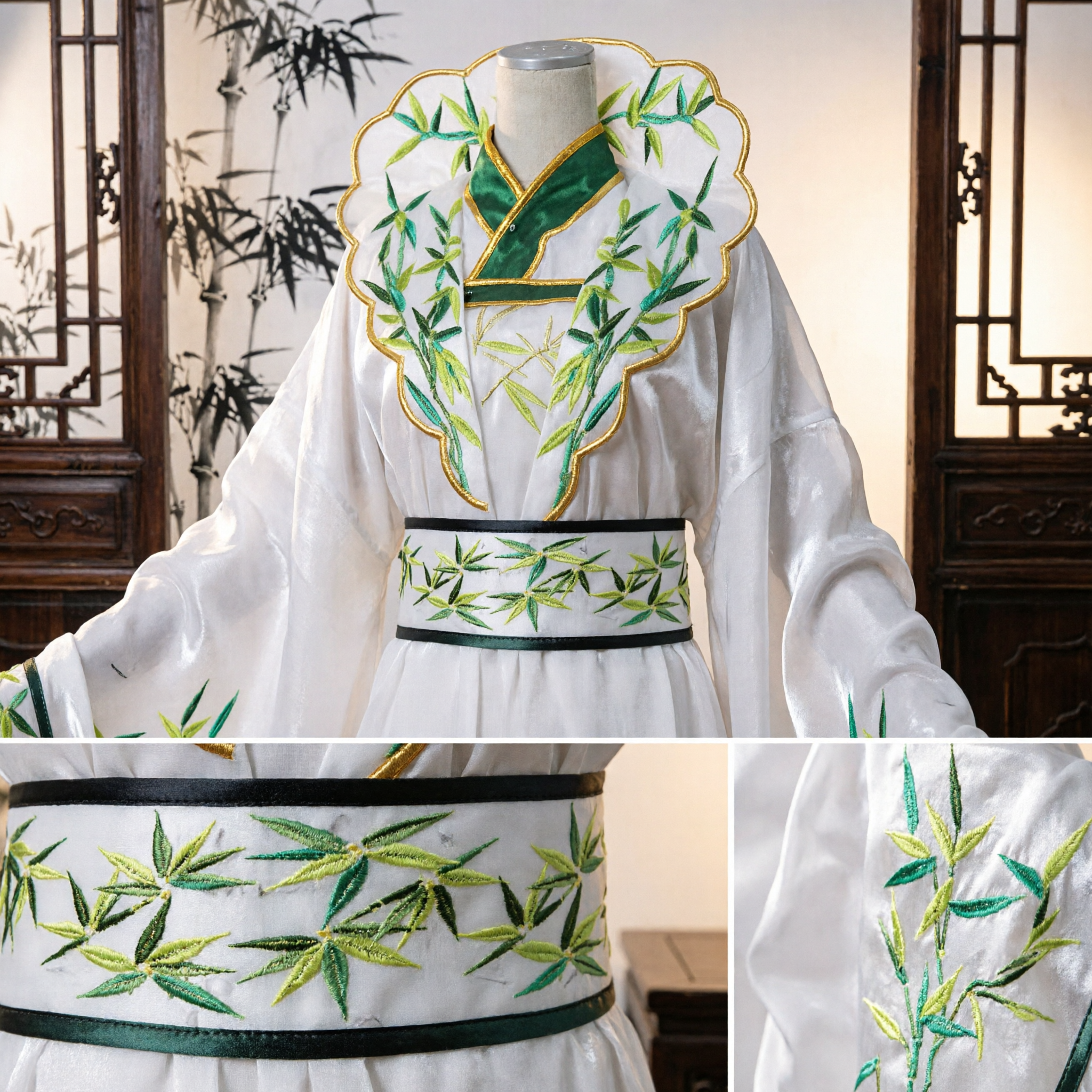 Elegant White Traditional Chinese Hanfu Dress with Green Bamboo Embroidery for Women's Dance Performance