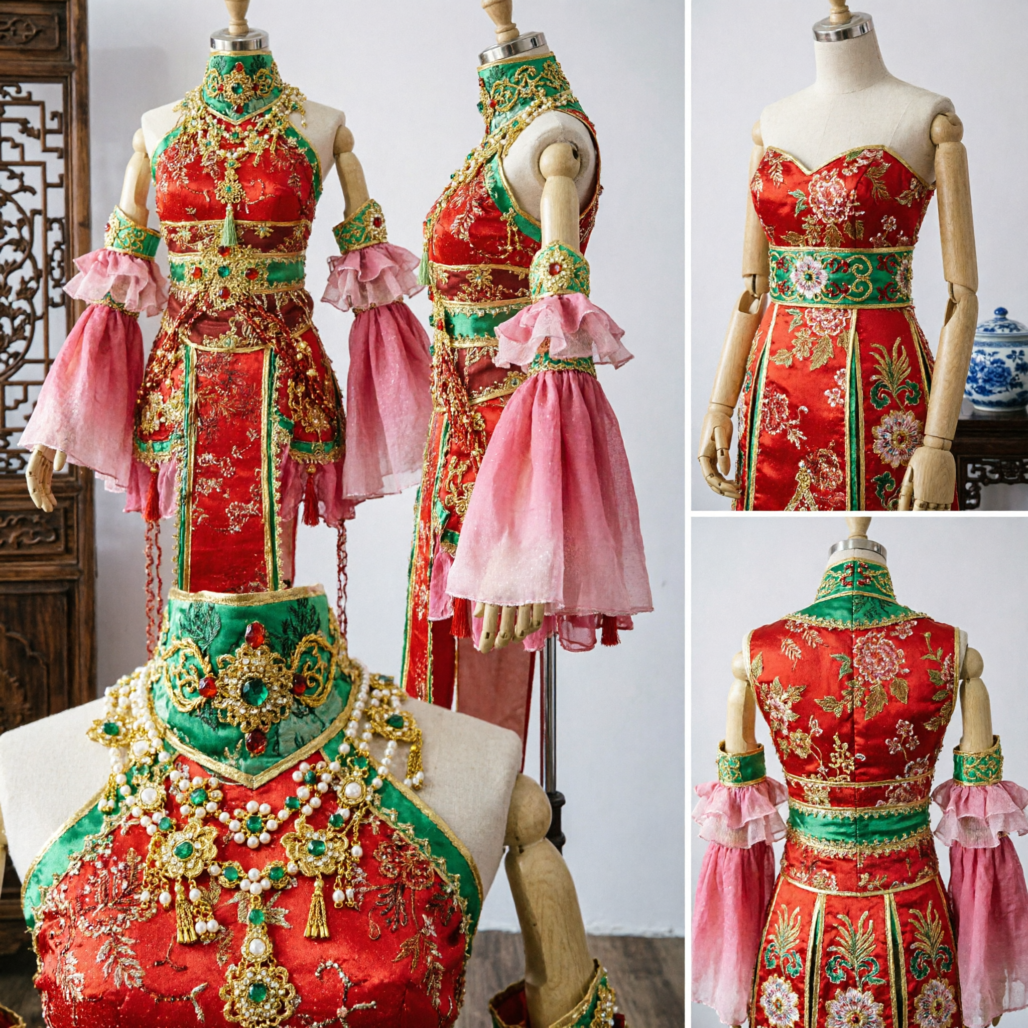 Traditional Chinese Beijing Opera Costume Red Embroidered Robe with Pink Water Sleeves for Female Stage Performance