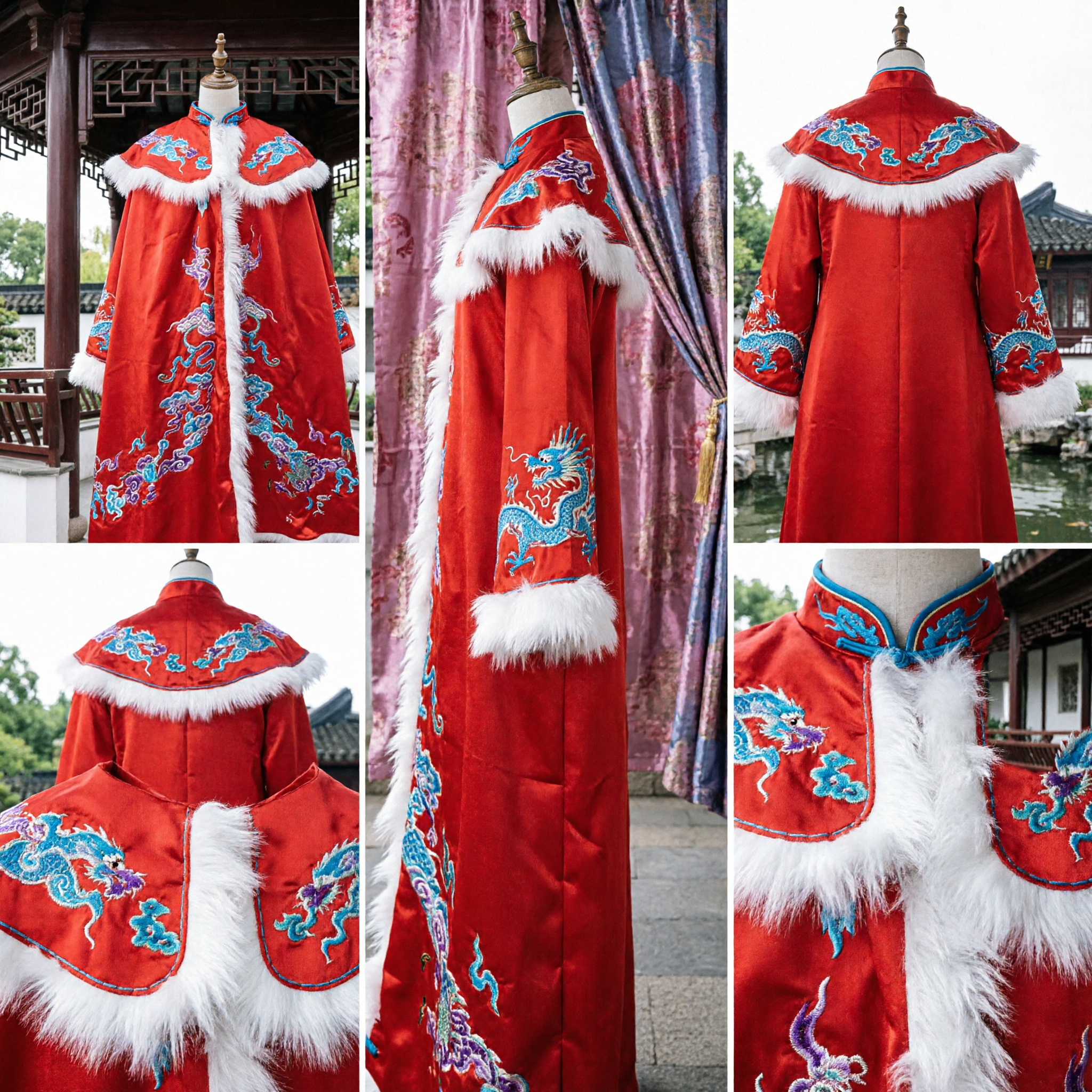 Traditional Chinese Red Bridal Cape Cloak with Dragon Embroidery and White Fur Trim Hanfu Costume