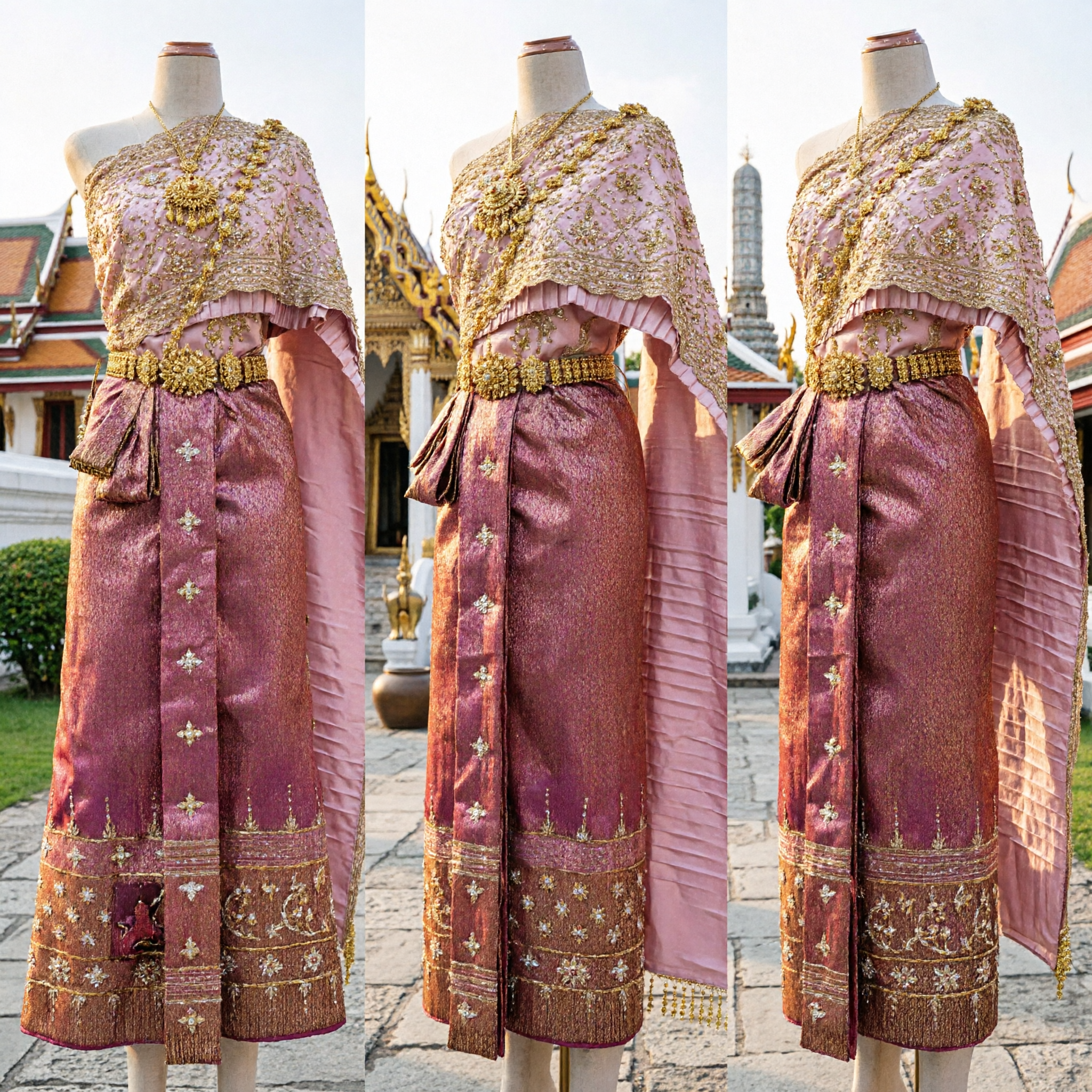 Women's Traditional Thai Dress Chut Thai Pink Gold Brocade Formal Costume for Wedding Dance