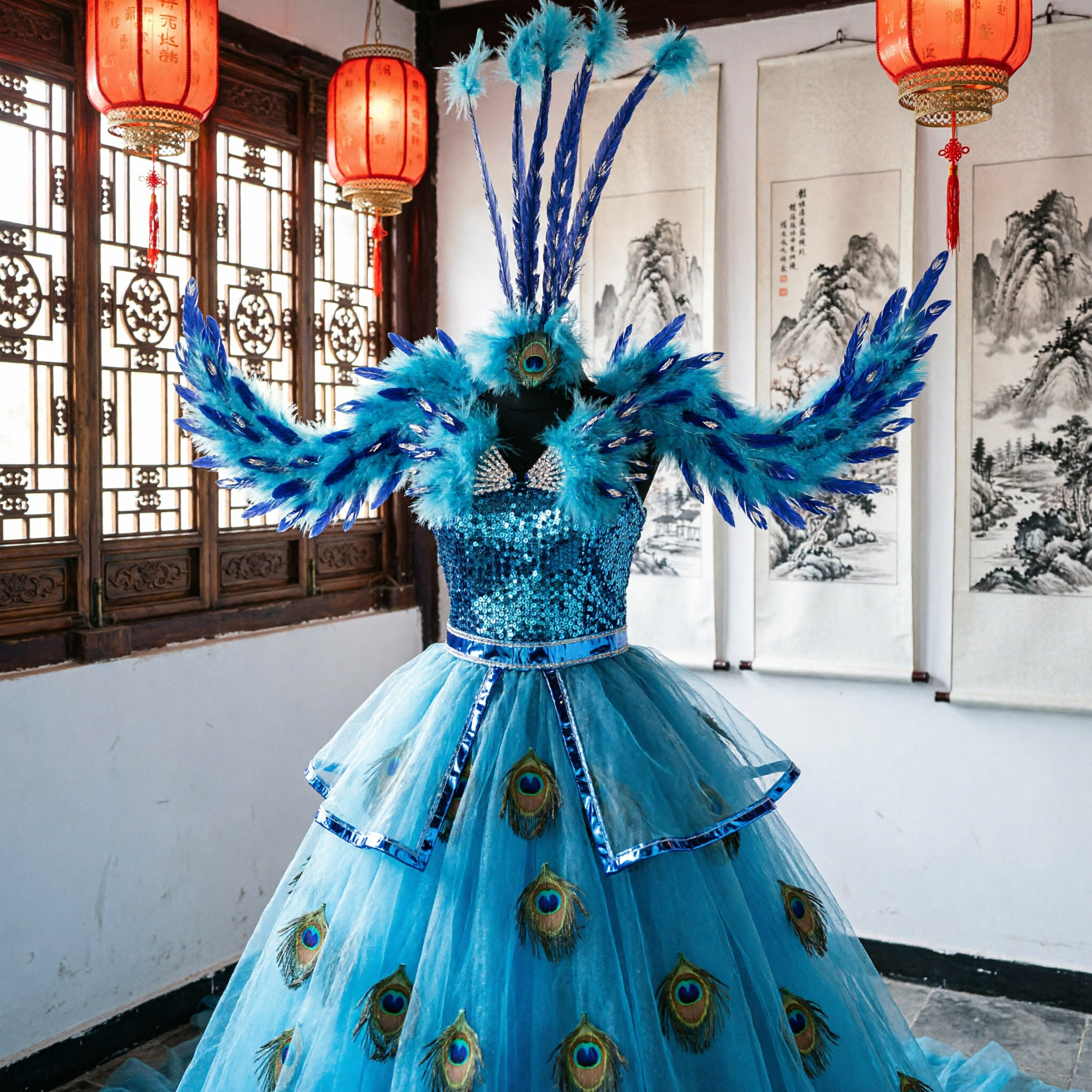 Women's Blue Peacock Feather Stage Costume Samba Carnival Dance Dress for Professional Performance