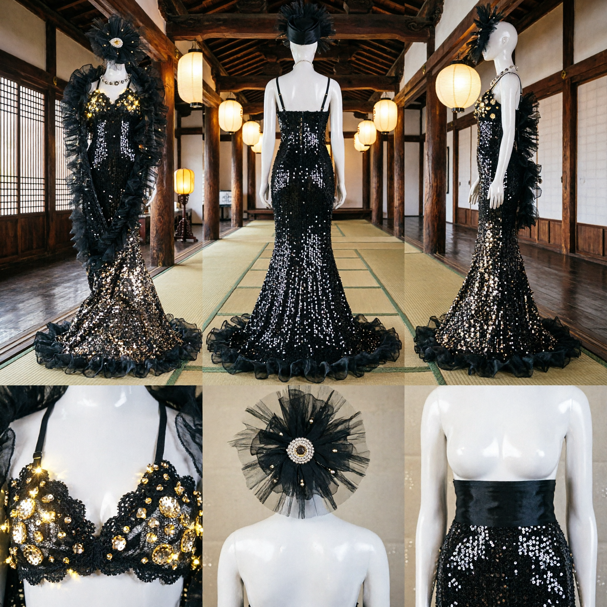 Women's Black Gold Sequin Feather Showgirl Costume Set for Brazilian Samba Carnival Stage Performance