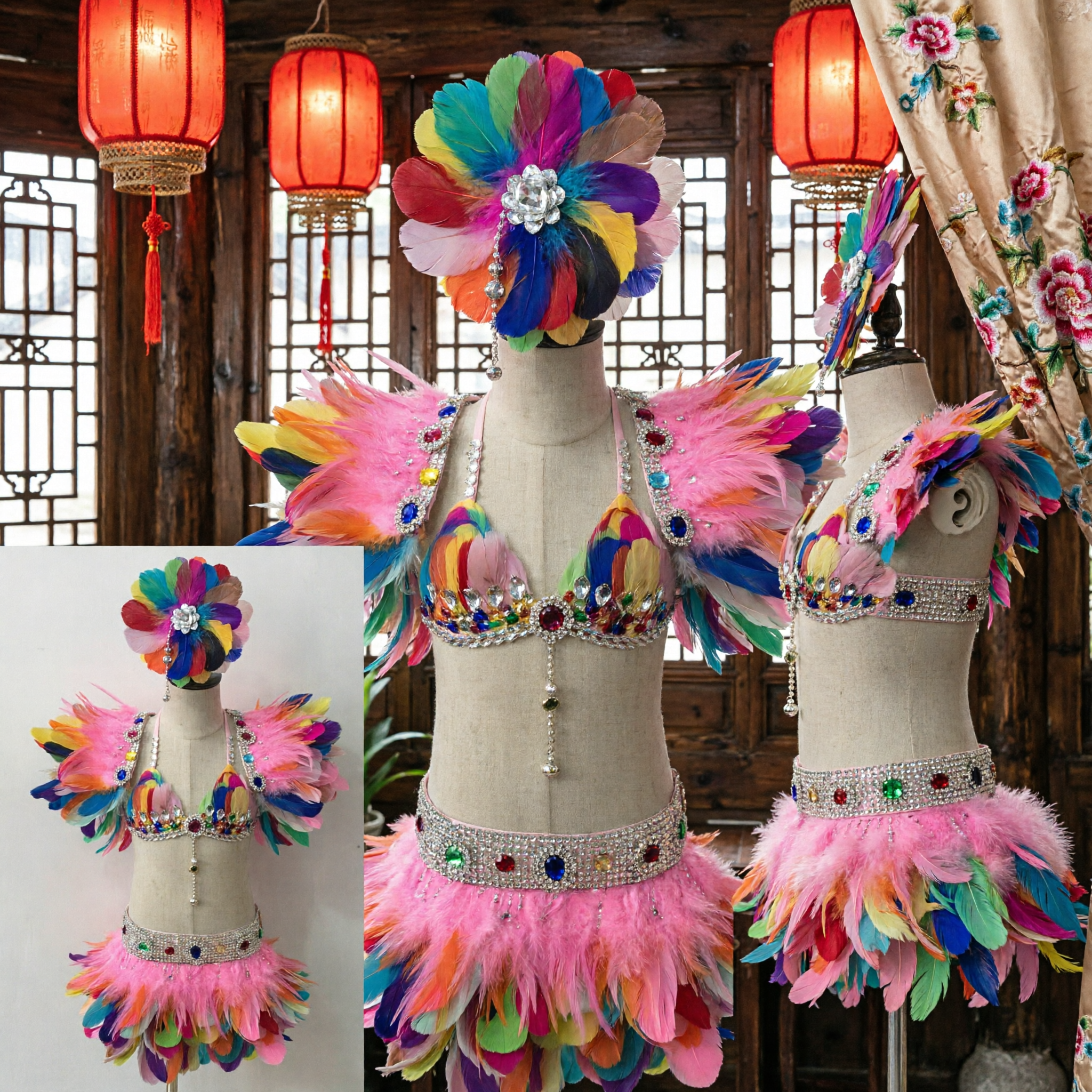 Vibrant Women's Samba Carnival Costume Set Rainbow Feather Bikini Top Skirt and Headpiece for Stage Dance Performance