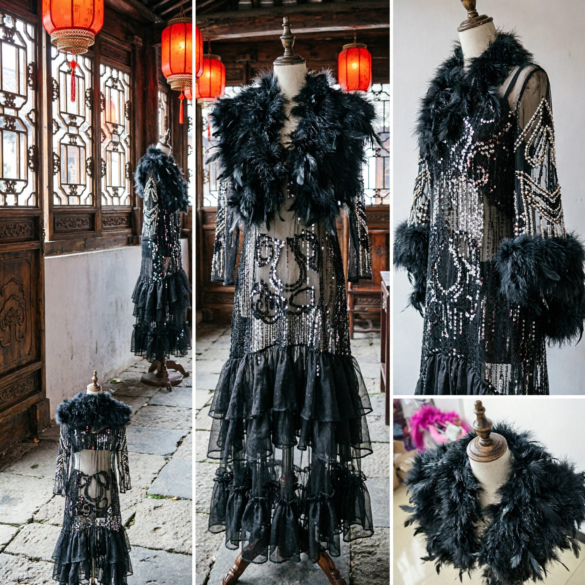 Black Feather Stage Performance Costume with Sequined Train Skirt for Women's Traditional Dance and Theater Shows