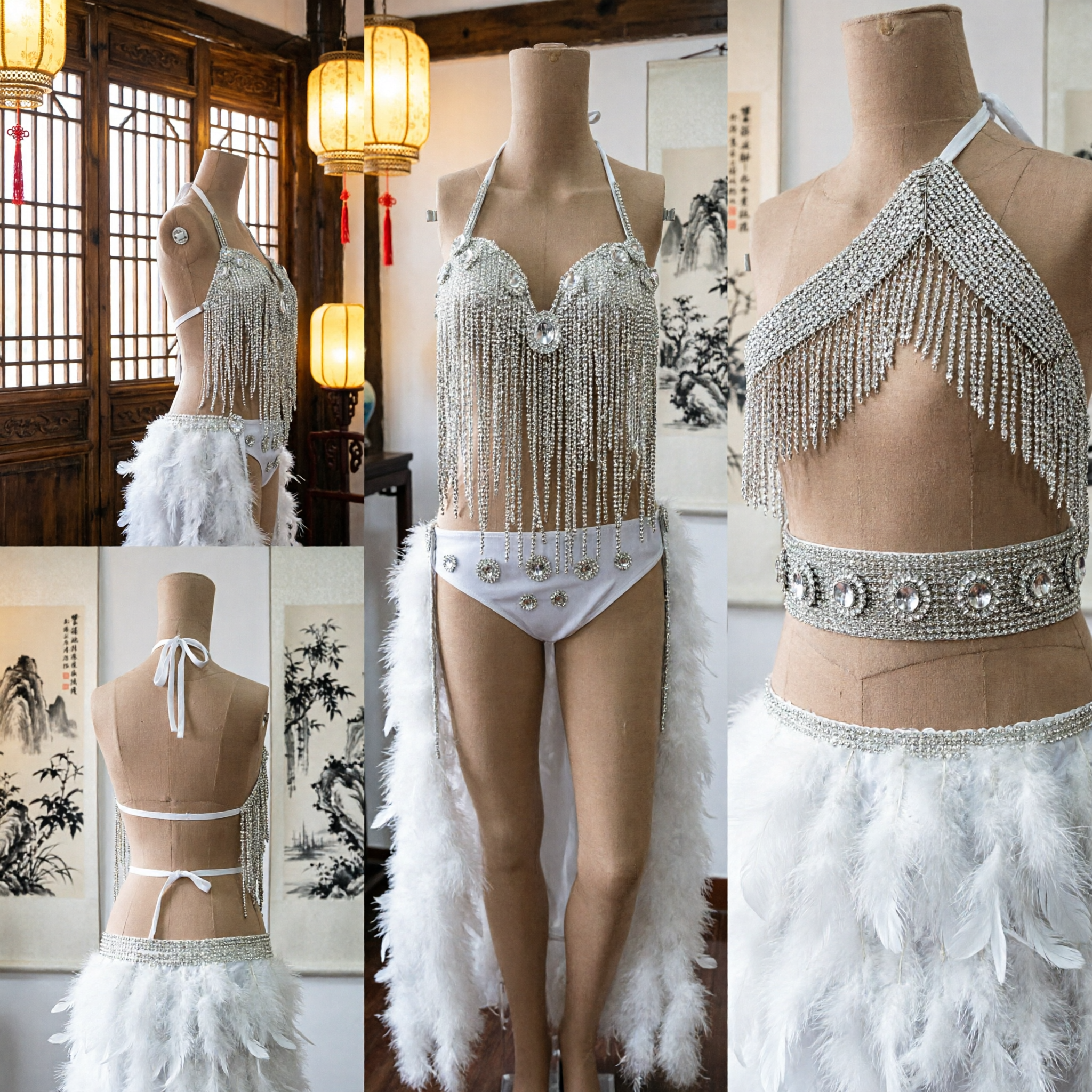 Women's White Rhinestone Fringe Halter Dance Costume Burlesque Cabaret Showgirl Outfit with Feathers