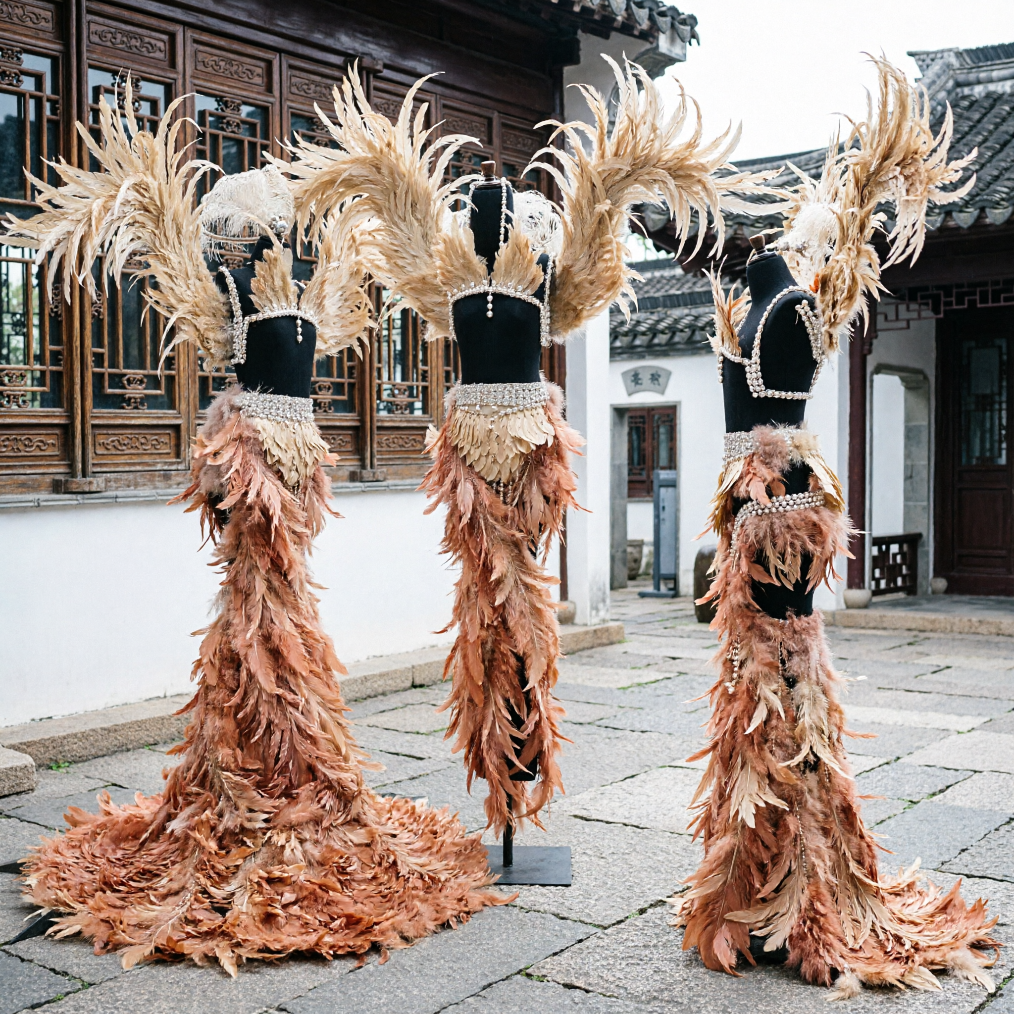 Women's Gold Feather Showgirl Costume with Large Wings and Skirt for Carnival Stage Performance
