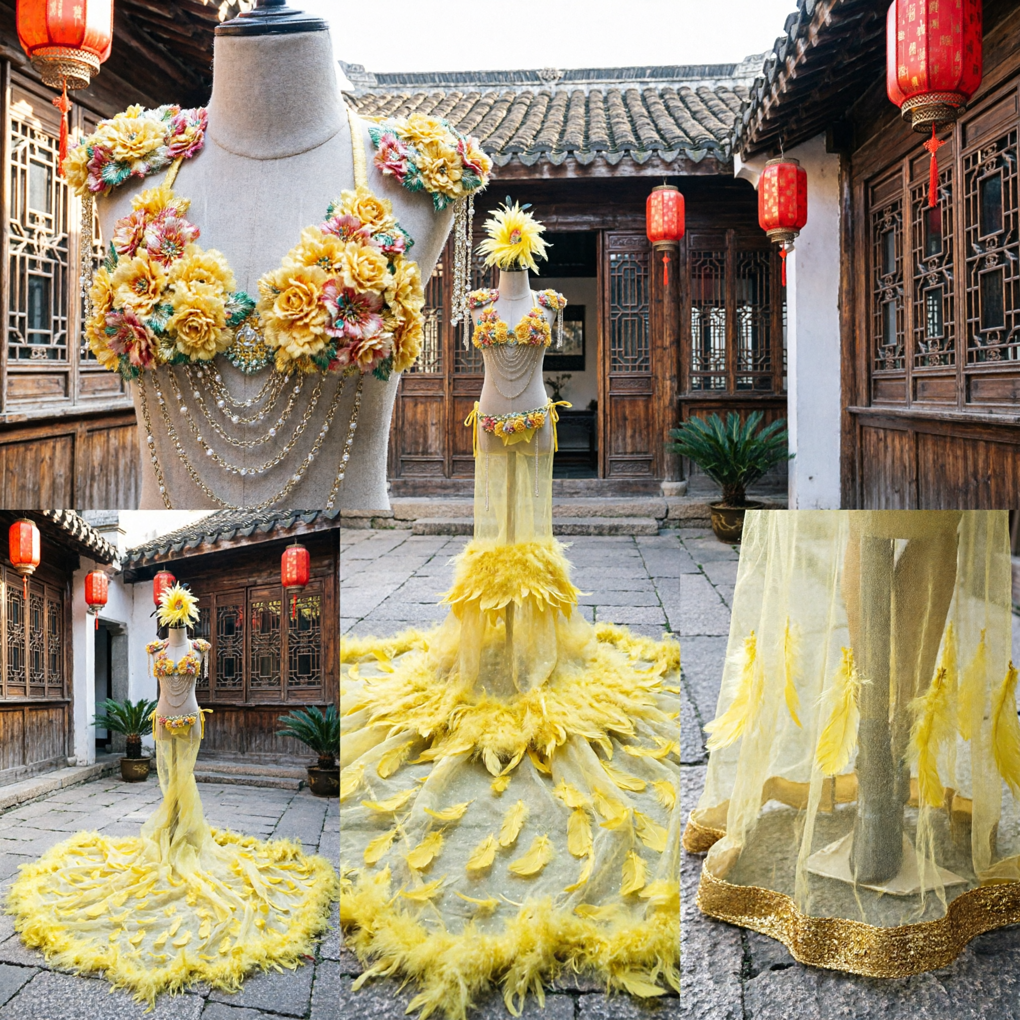 Women's Yellow Feather Carnival Costume Samba Dance Showgirl Outfit Brazilian Stage Performance Set with Headdress