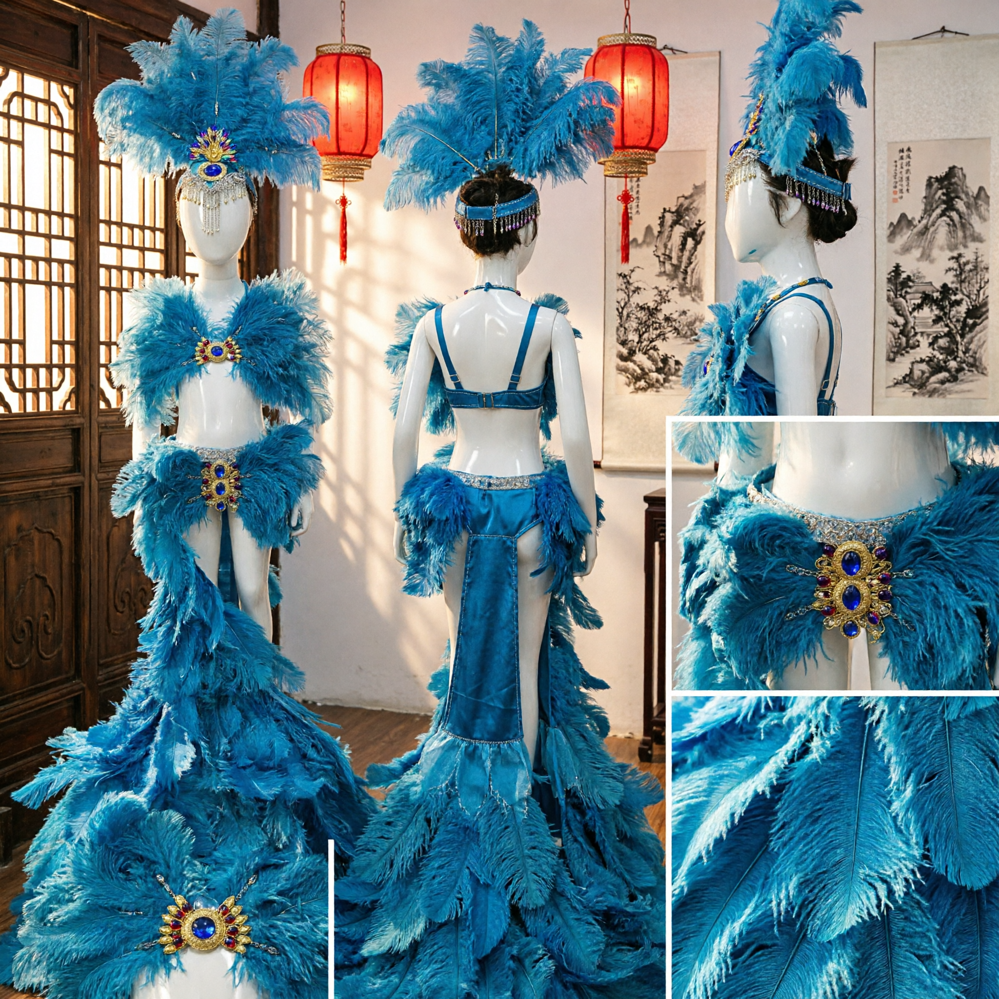 Women's Blue Feather Samba Carnival Costume Set with Headdress and Long Train for Stage Performance