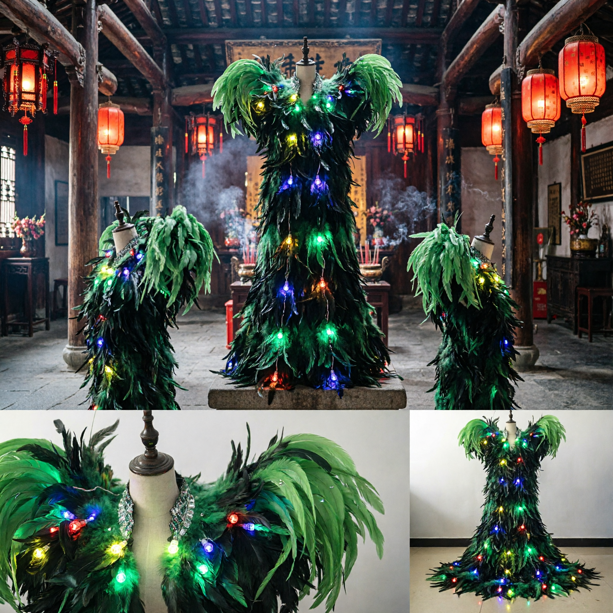 Unisex Green LED Light Up Feather Wing Jacket for Carnival Parade Stage Performance Costume