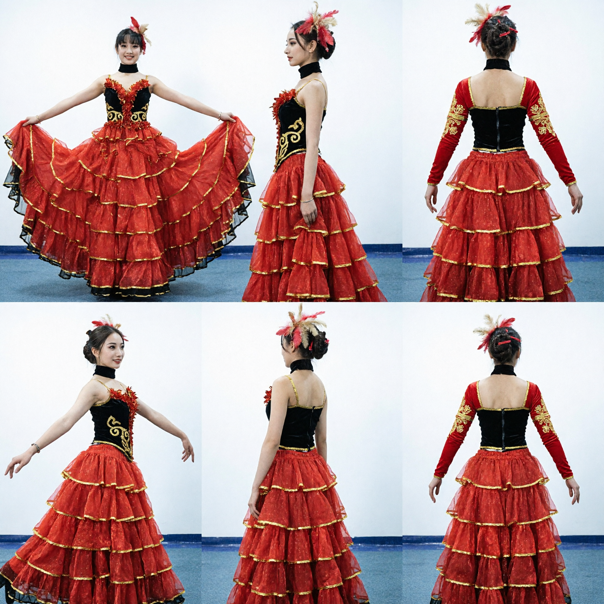 Women's Red Spanish Flamenco Dance Costume with Ruffled Skirt and Headpiece for Stage Performance