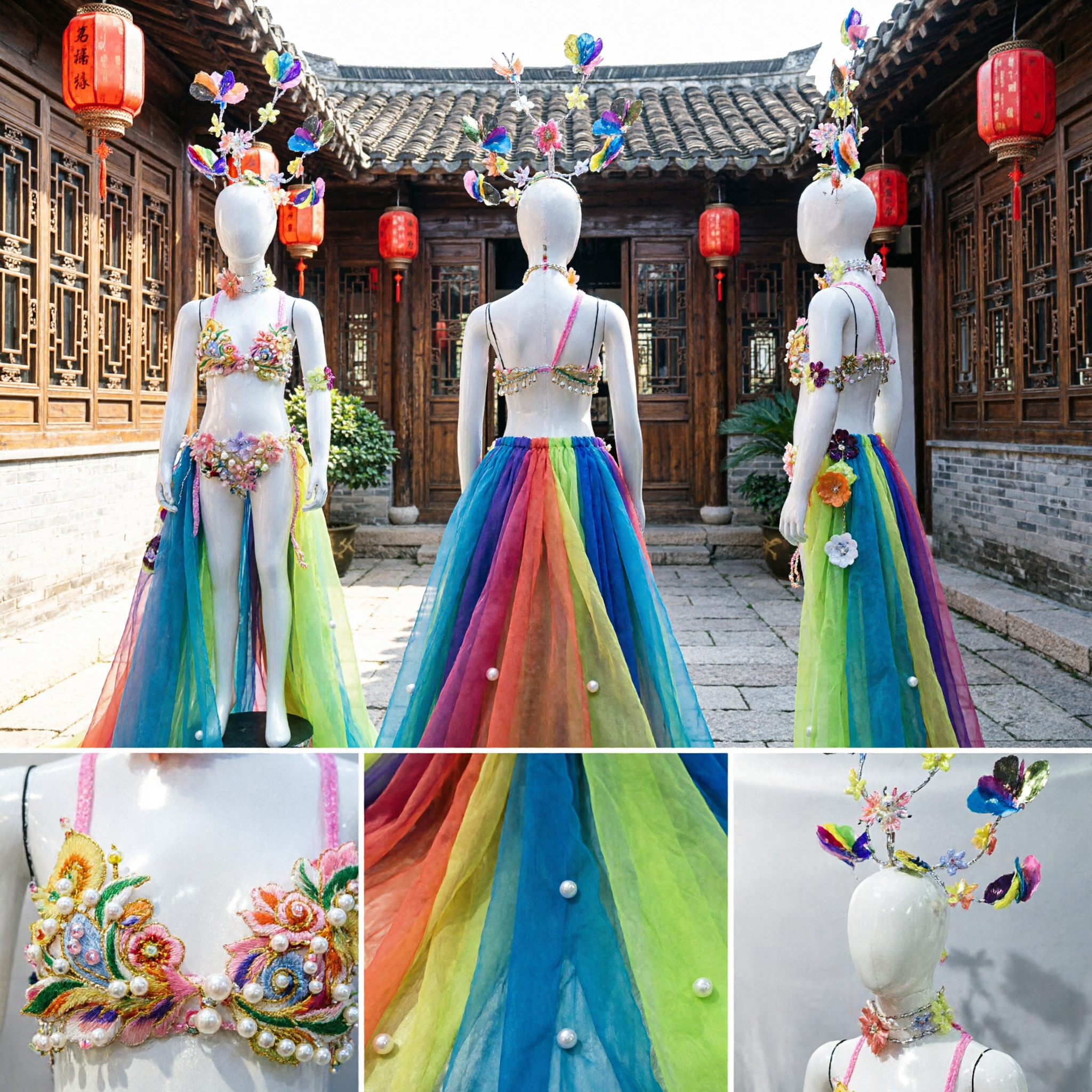 Vibrant Rainbow Carnival Costume for Women featuring Floral Headpiece and Flowing Tulle Train for Parade Performance