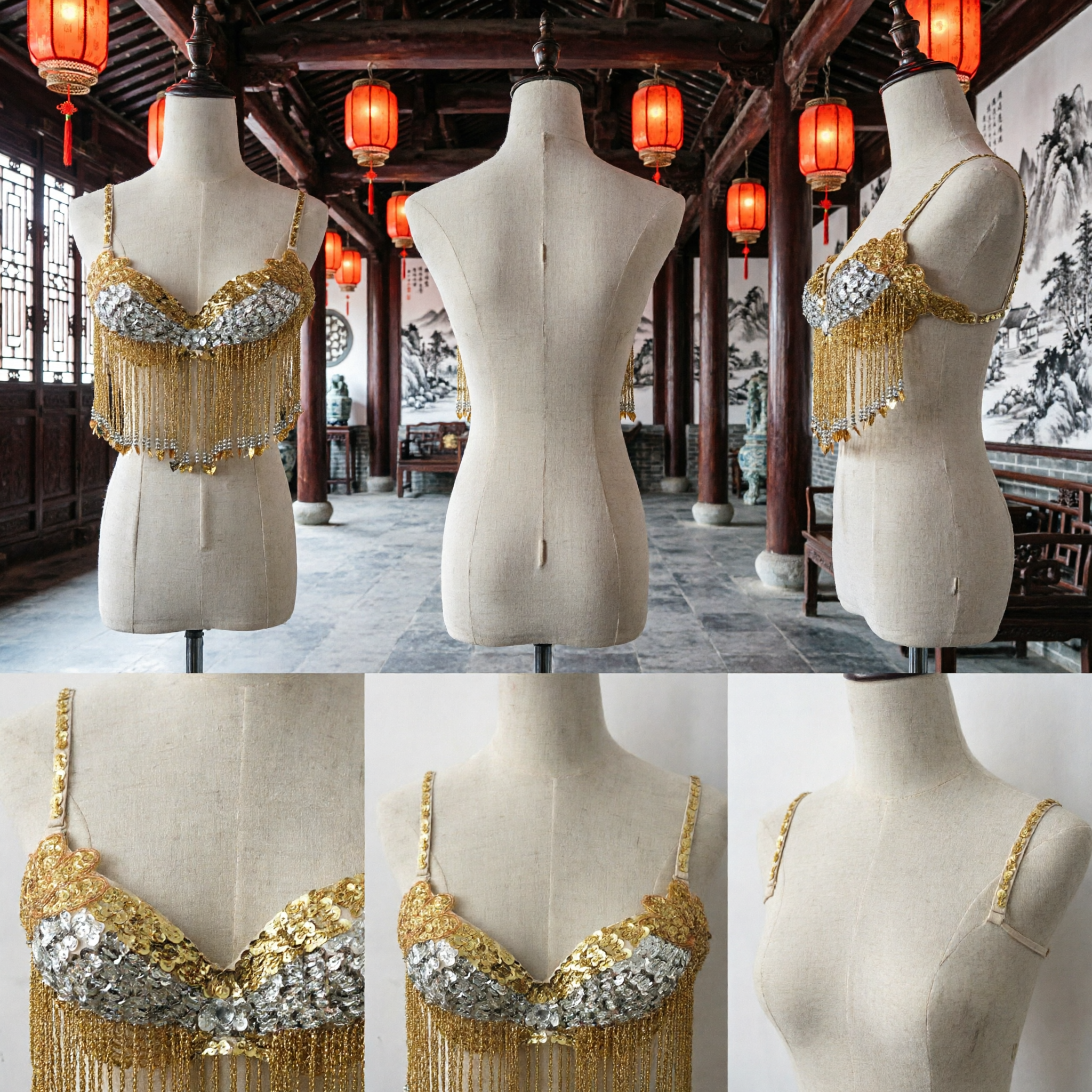Women's Gold and Silver Sequin Fringe Belly Dance Top Bra for Cabaret Stage Performance Costume