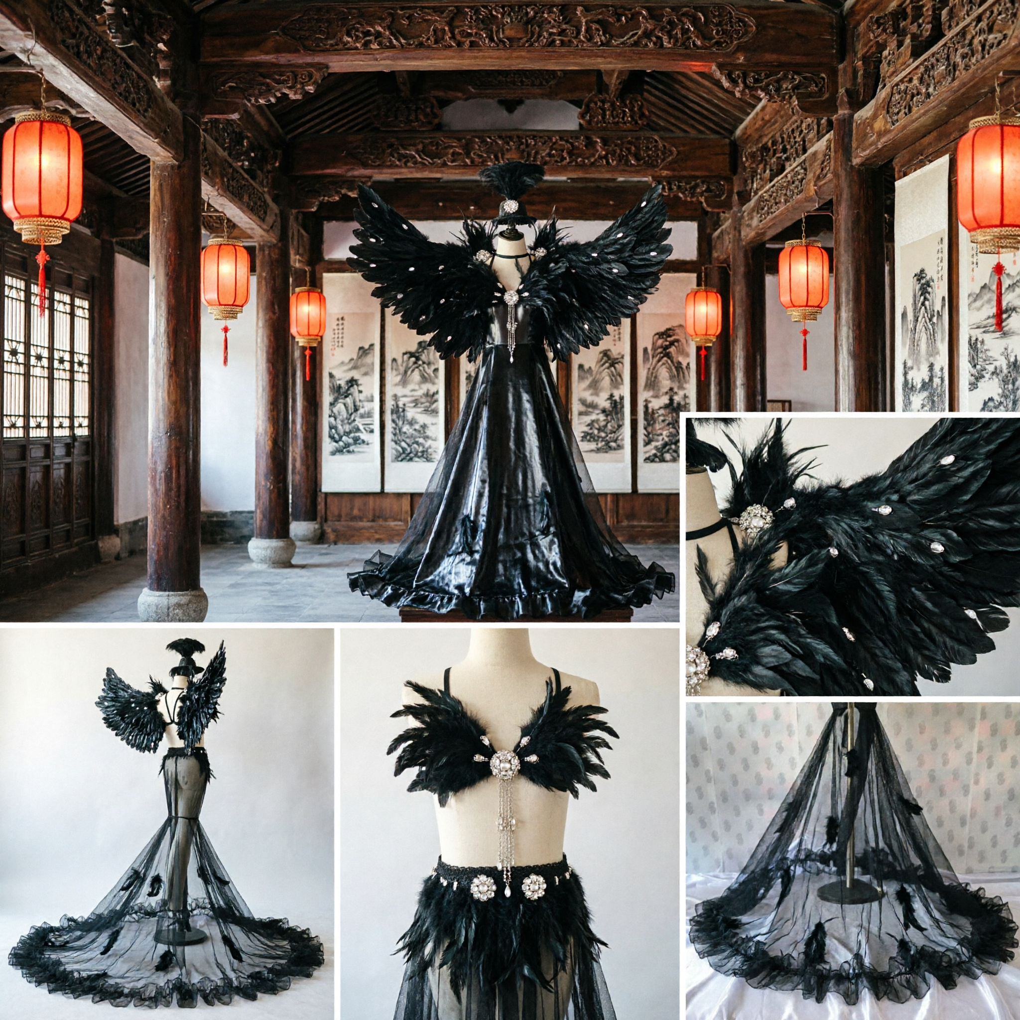 Luxurious Black Feather Wing Showgirl Costume with Ruffled Skirt for Stage Dance and Carnival Events