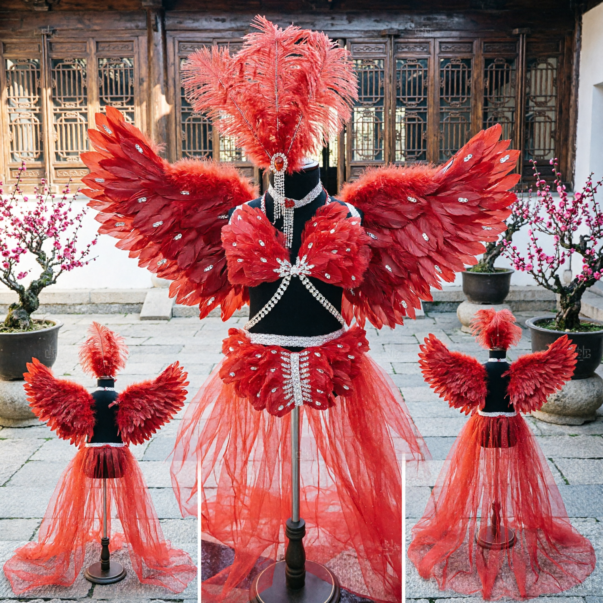 Women's Red Feather Showgirl Costume Set with Large Wings Headdress and Tulle Skirt for Carnival Dance Performance