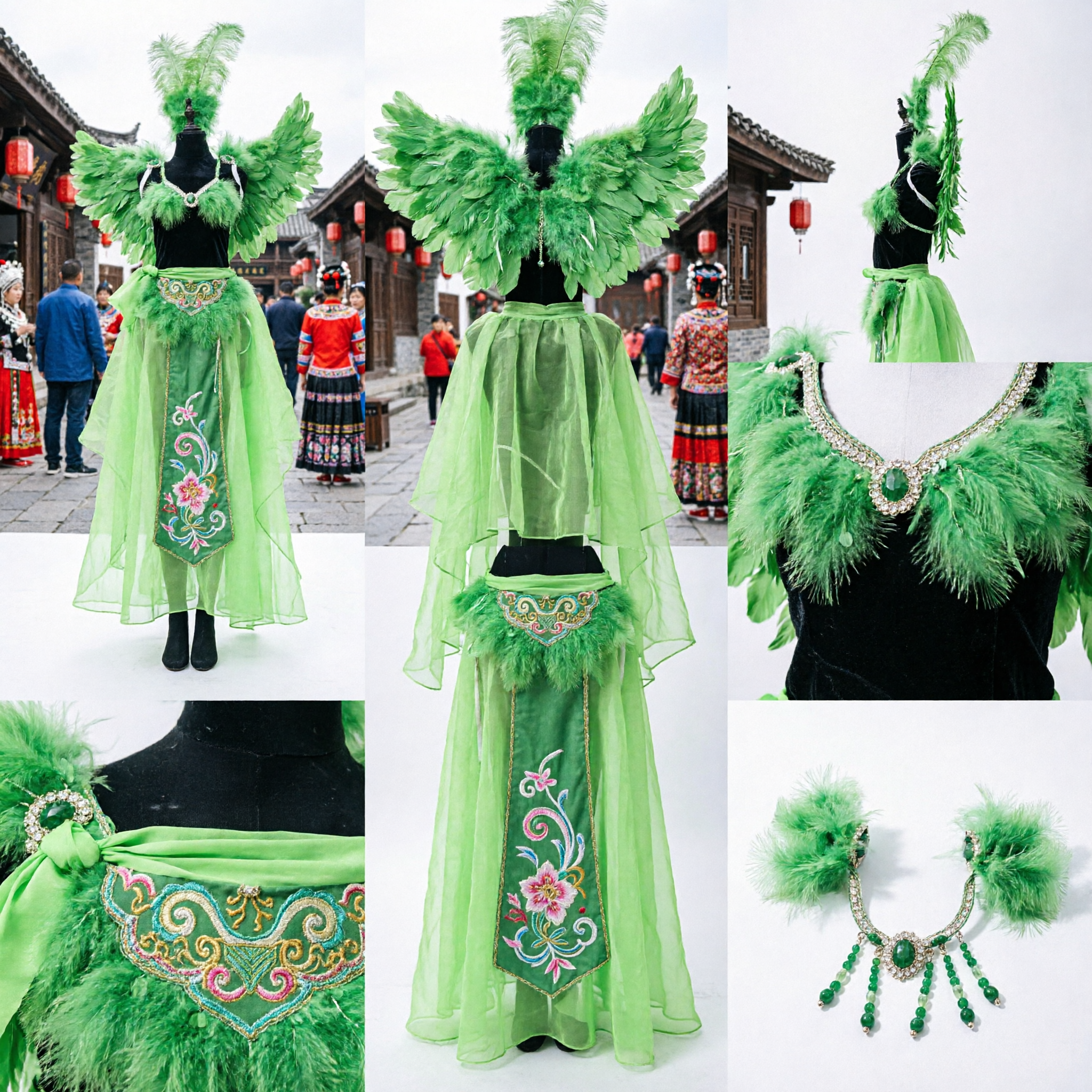Women's Bright Green Samba Carnival Costume with Feather Wings and Long Tulle Skirt for Stage Performance