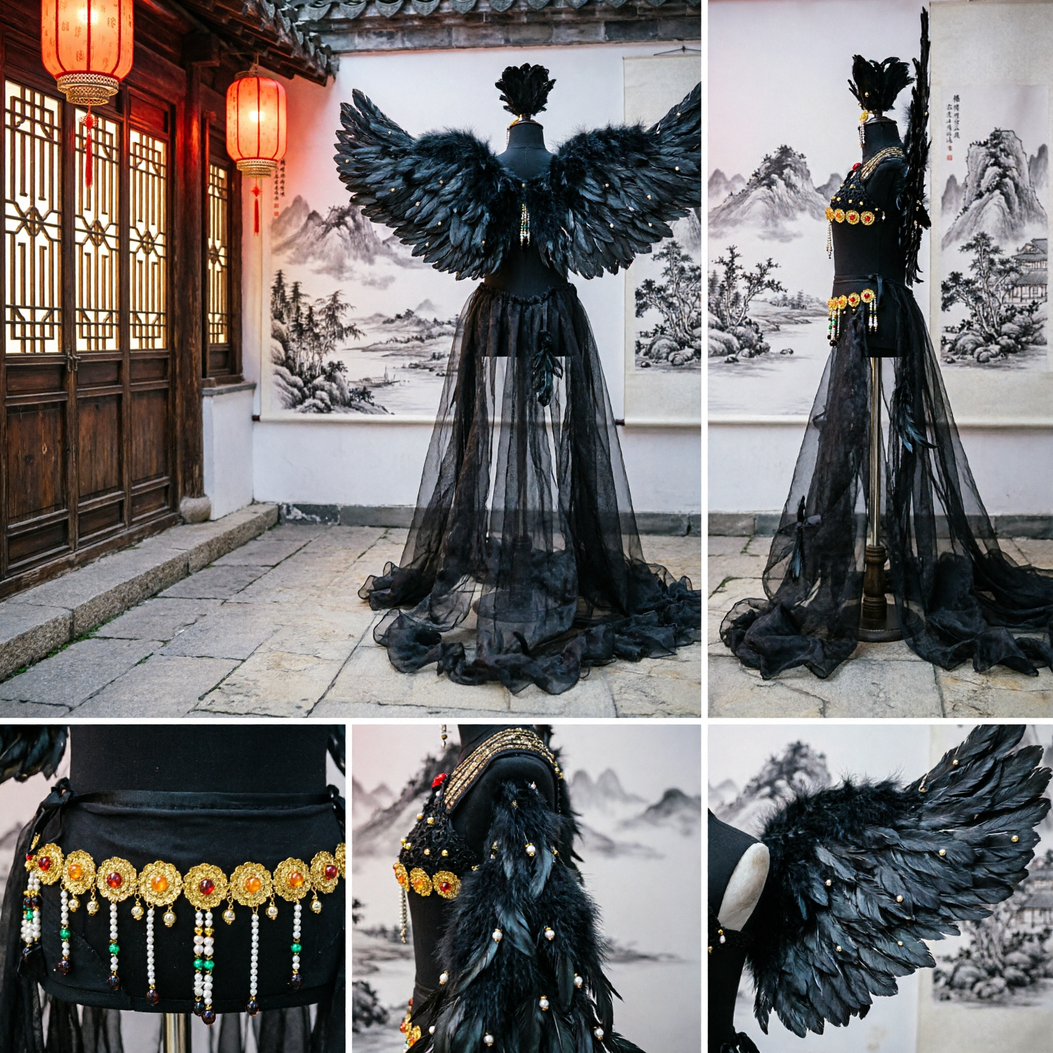 Exotic Black Feathered Wing Dance Costume with Gold Coin Belt and Silver Tassels for Stage Performance