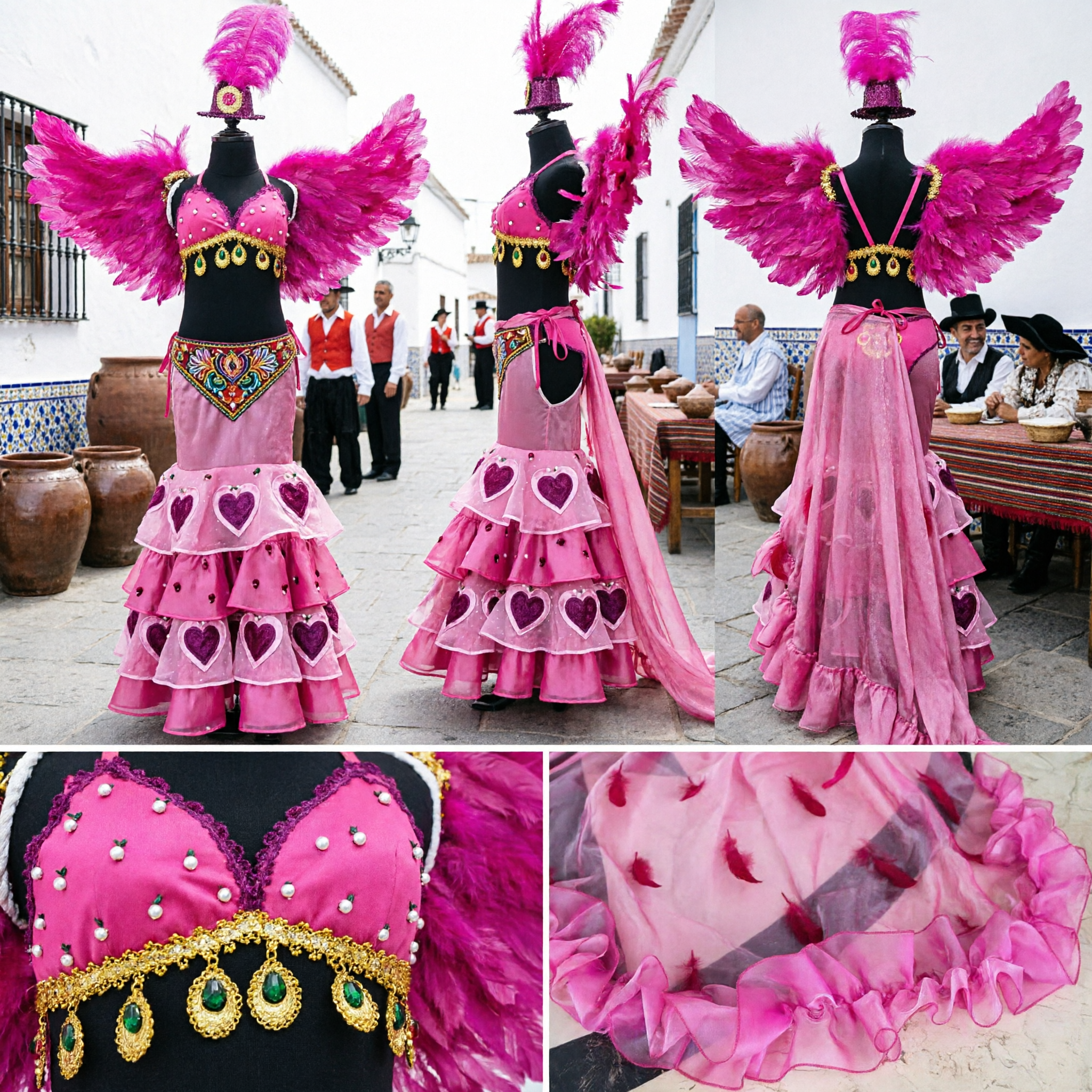 Women's Pink Feather Wing Samba Carnival Costume Belly Dance Stage Performance Dress with Headpiece