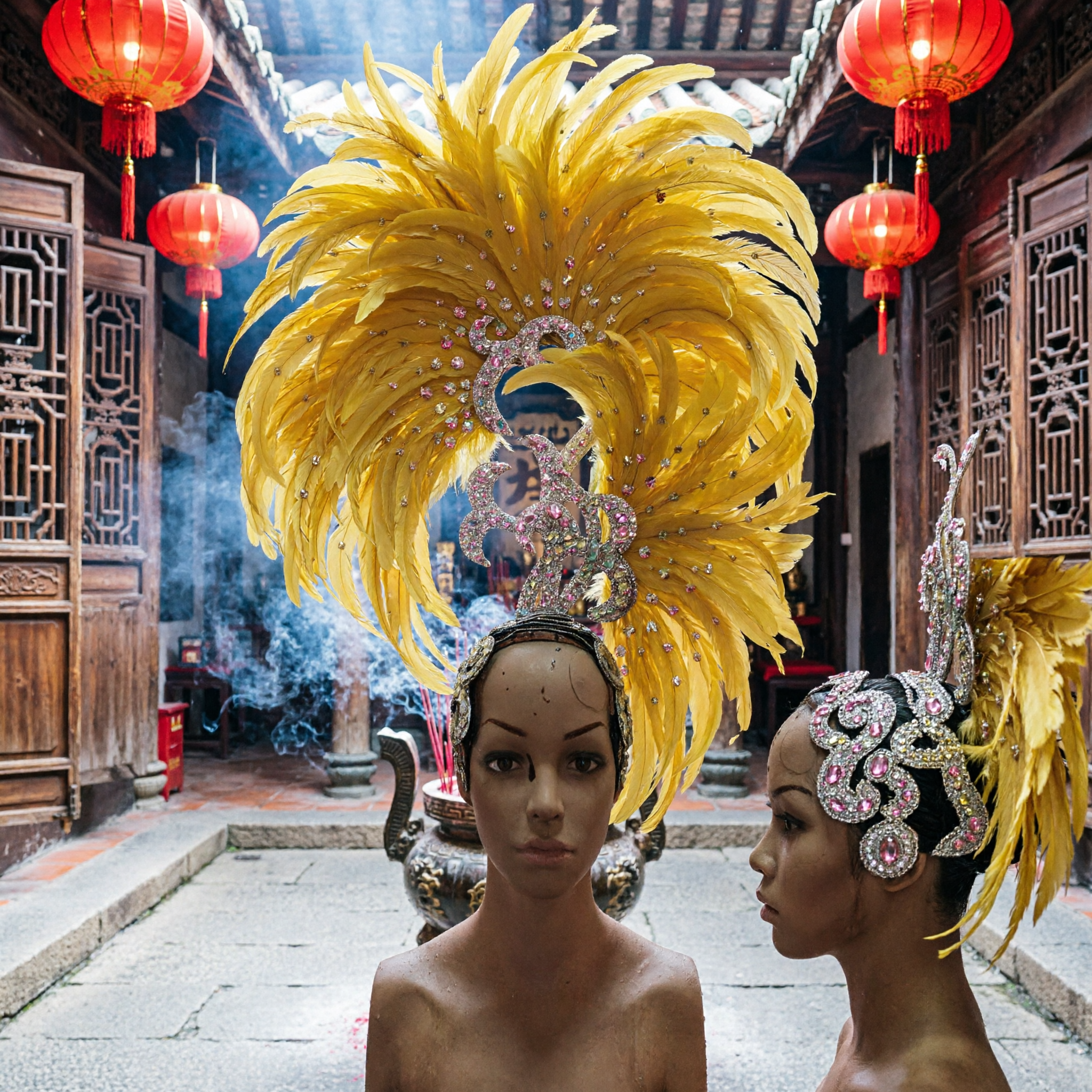 Large Yellow Feather Headdress with Rhinestone Dragon Centerpiece for Carnival Samba Dancer Stage Performance Costume