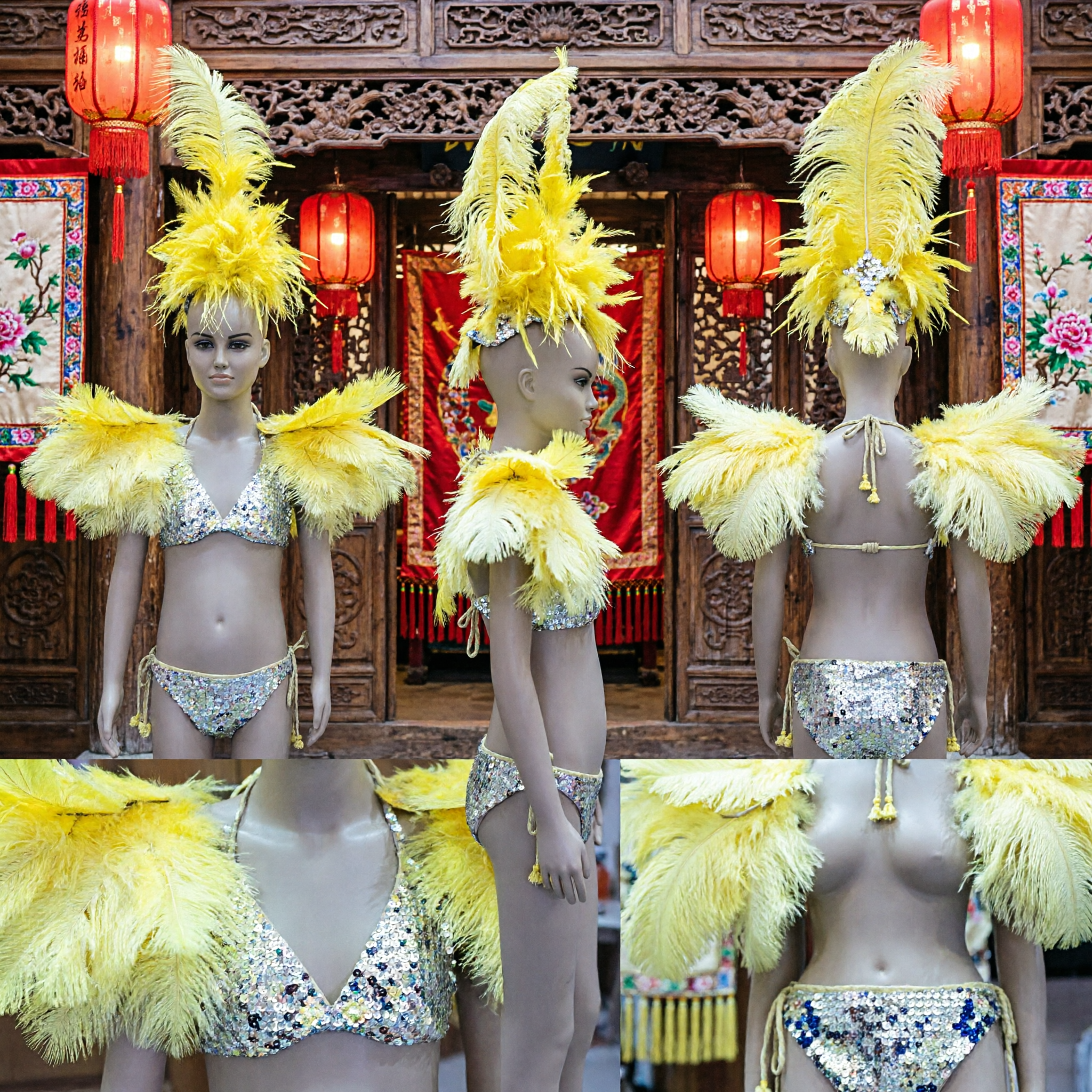 Women's Brazilian Rio Carnival Samba Dance Costume Yellow Feather Headdress Bikini Set for Stage Shows