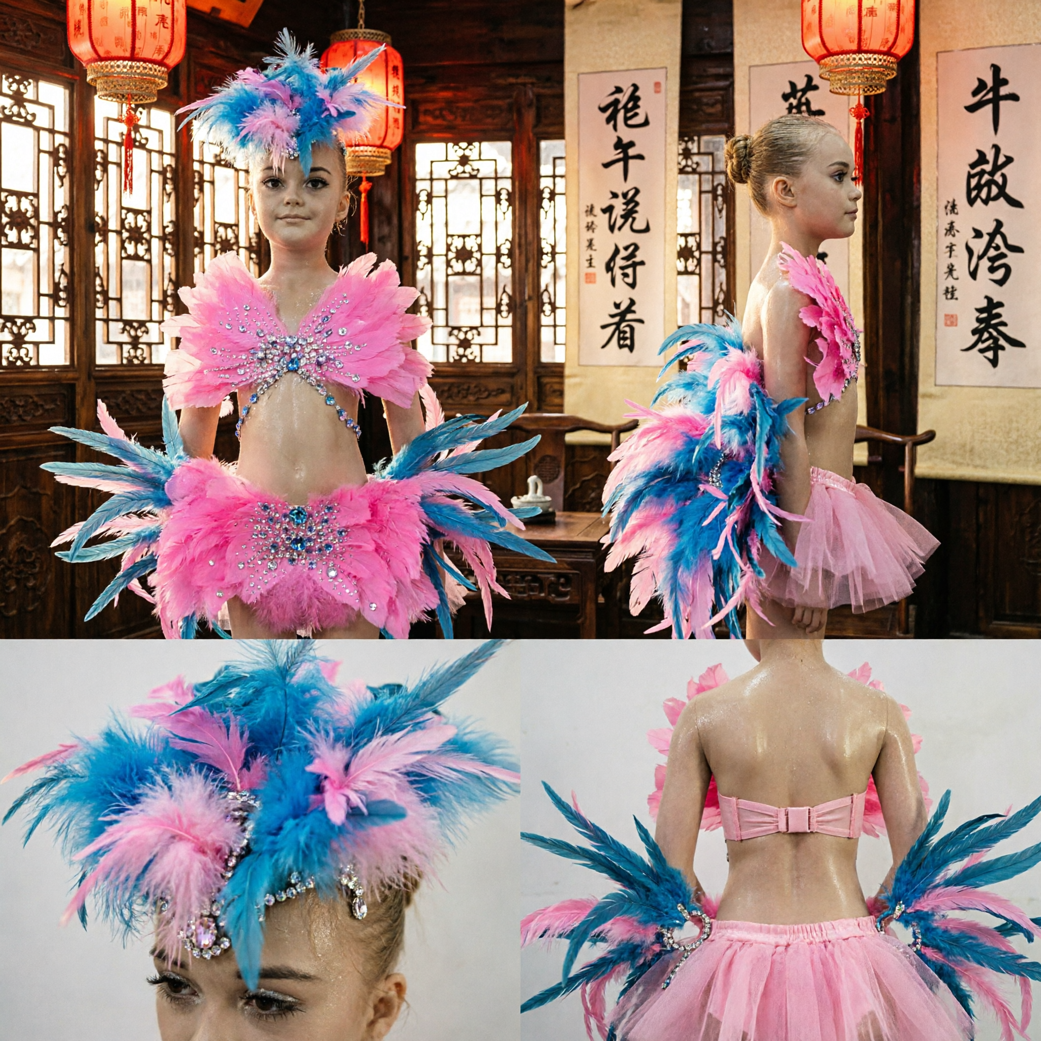 Kids Pink and Blue Feather Samba Carnival Dance Costume with Sequins for Girls Stage Performance