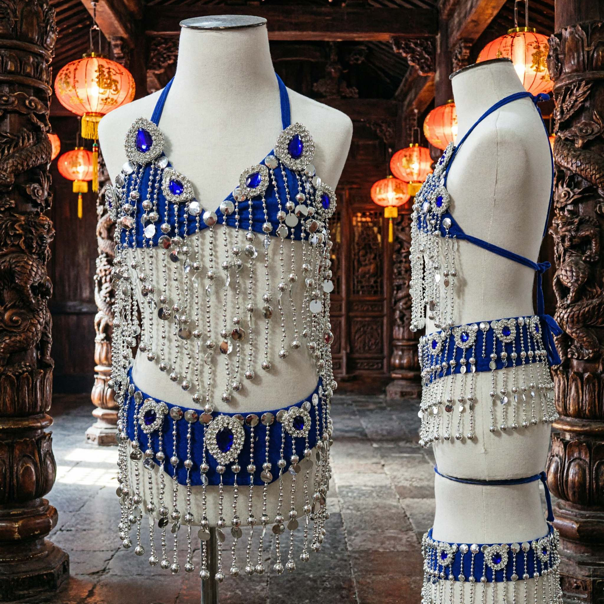 Royal Blue Beaded Halter Bra Top Belly Dance Burlesque Costume with Long Fringe for Women Performers