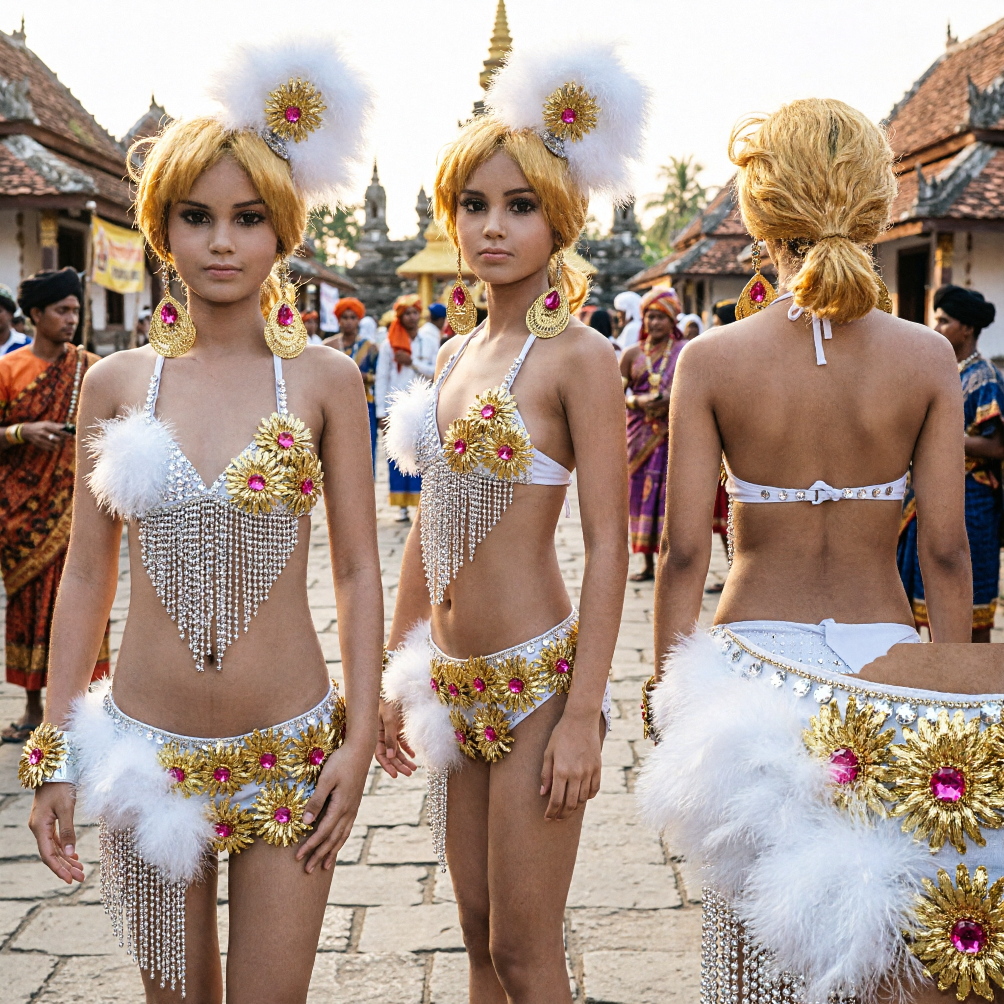 Women's Gold and White Samba Carnival Dance Costume with Feathers and Rhinestones for Stage Showgirl Performance