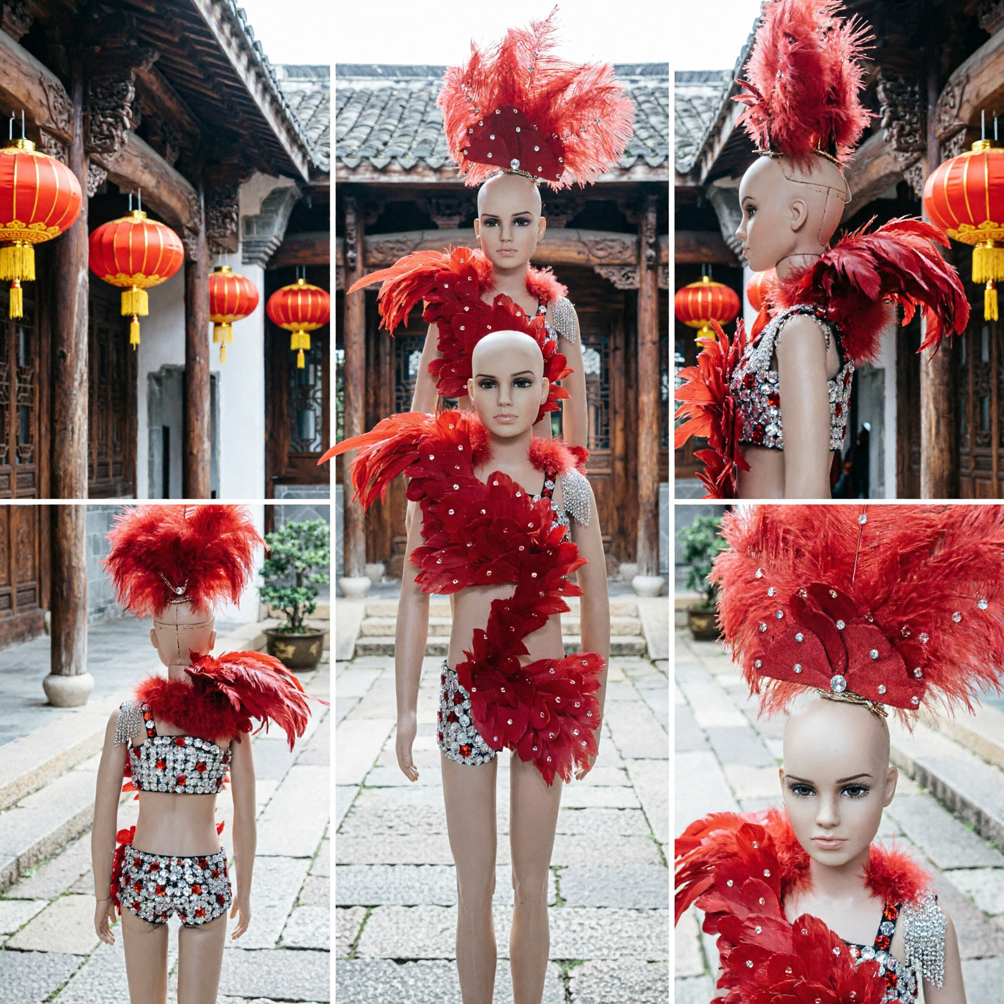 Women's Red Samba Carnival Showgirl Costume Set with Tall Feather Headdress and Sequined Performance Outfit