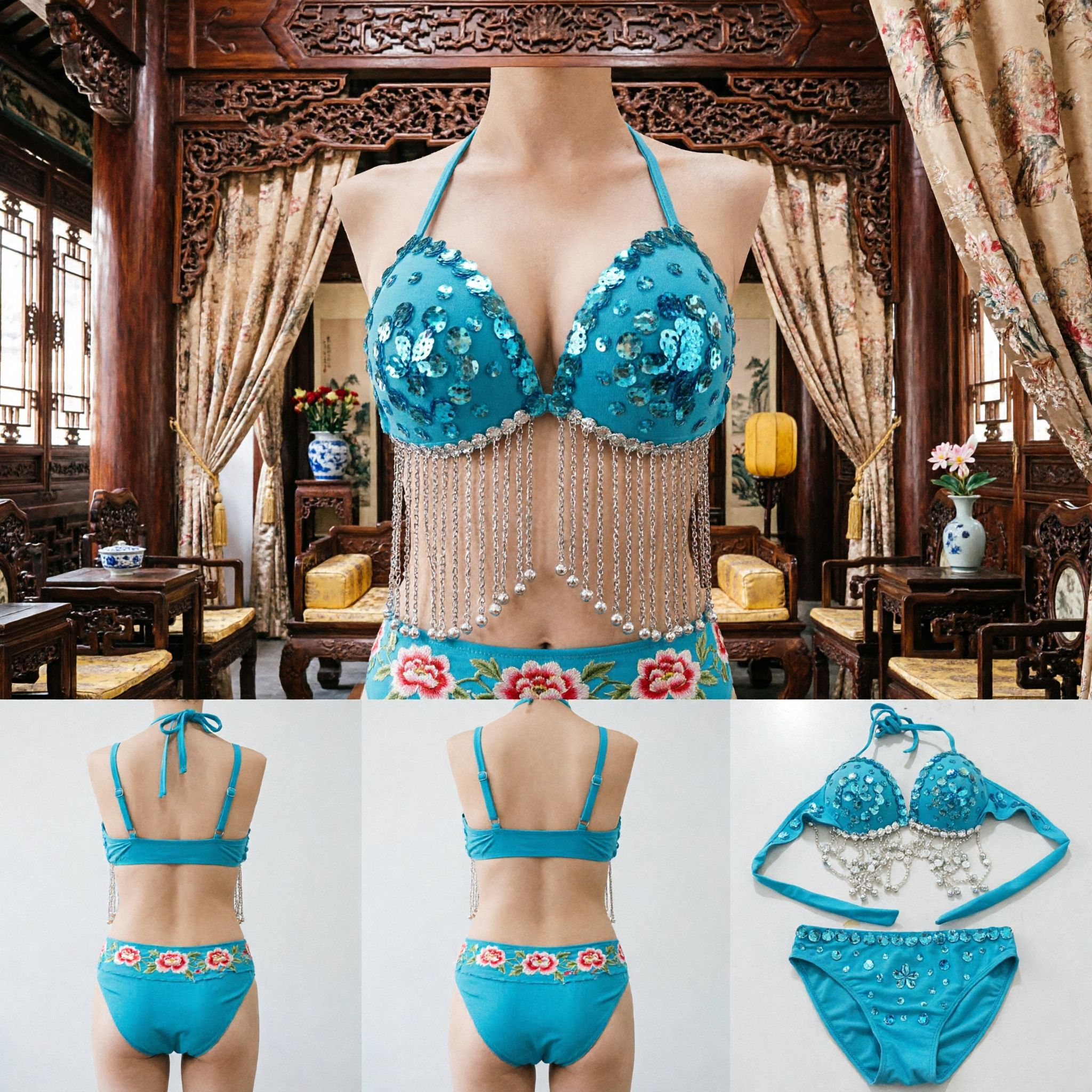 Blue Sequin Bikini Set with Dangling Chains for Women Belly Dance Performance and Beach Swimwear