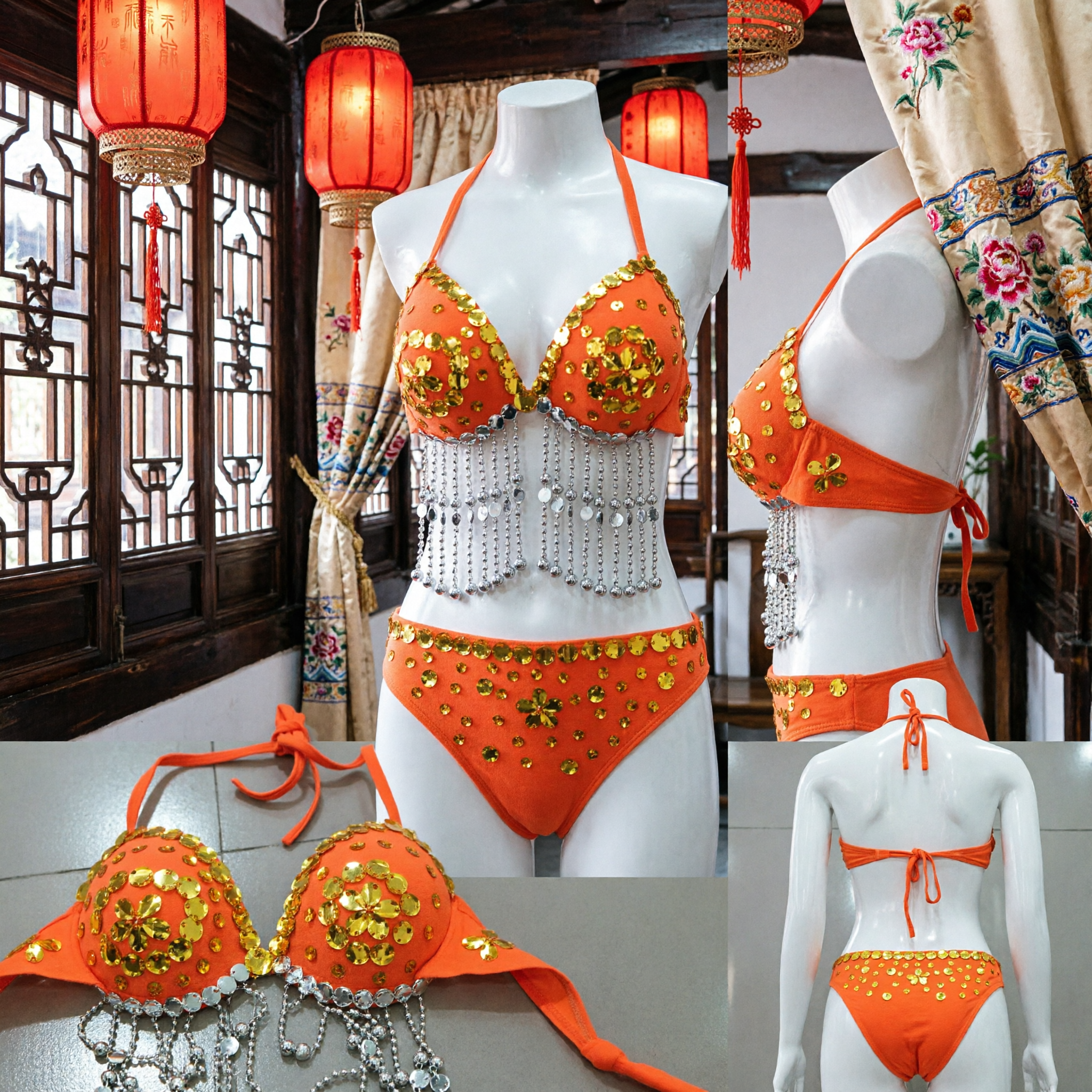 Women's Orange Belly Dance Bikini Set with Gold Sequins and Silver Fringe for Stage Performance