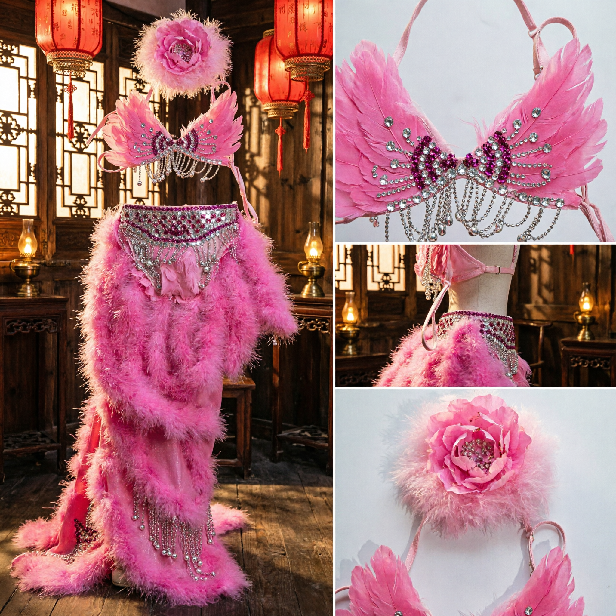 Women's Pink Feather Rhinestone Showgirl Costume Set with Headpiece for Samba Carnival Dance Performance