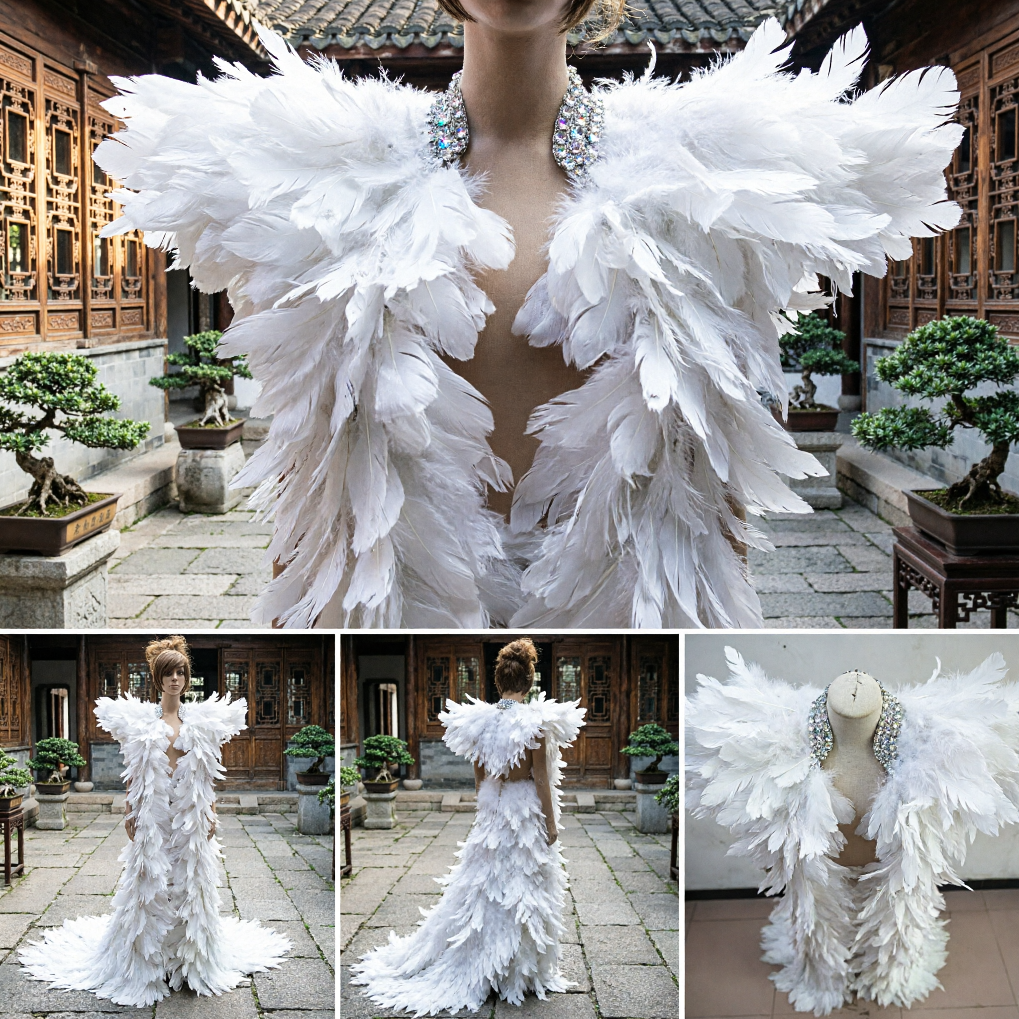 Professional White Feather Stage Costume with Wings for Women Carnival Samba Showgirl Performance Dress