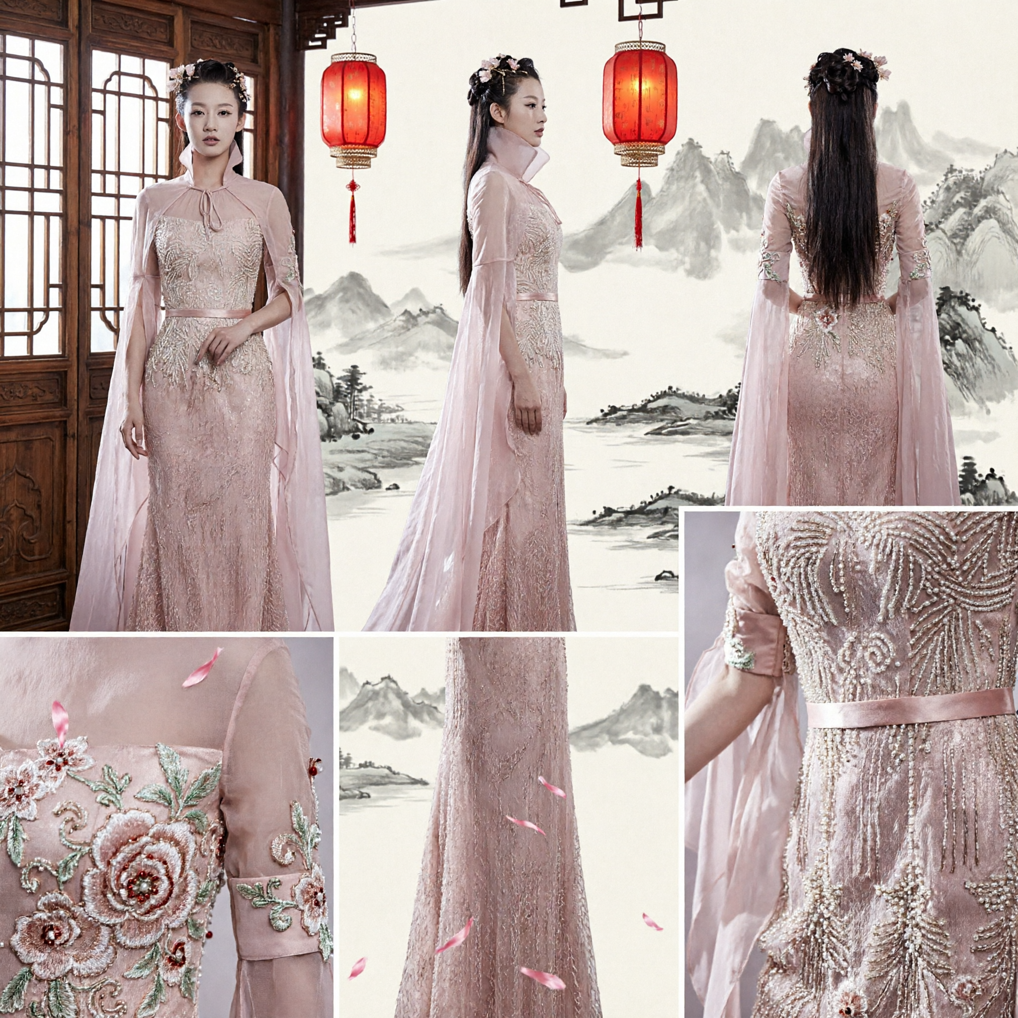 Elegant Pink Lace Chinese Traditional Dress Women Formal Evening Gown Stage Performance Costume with Flowing Sleeves