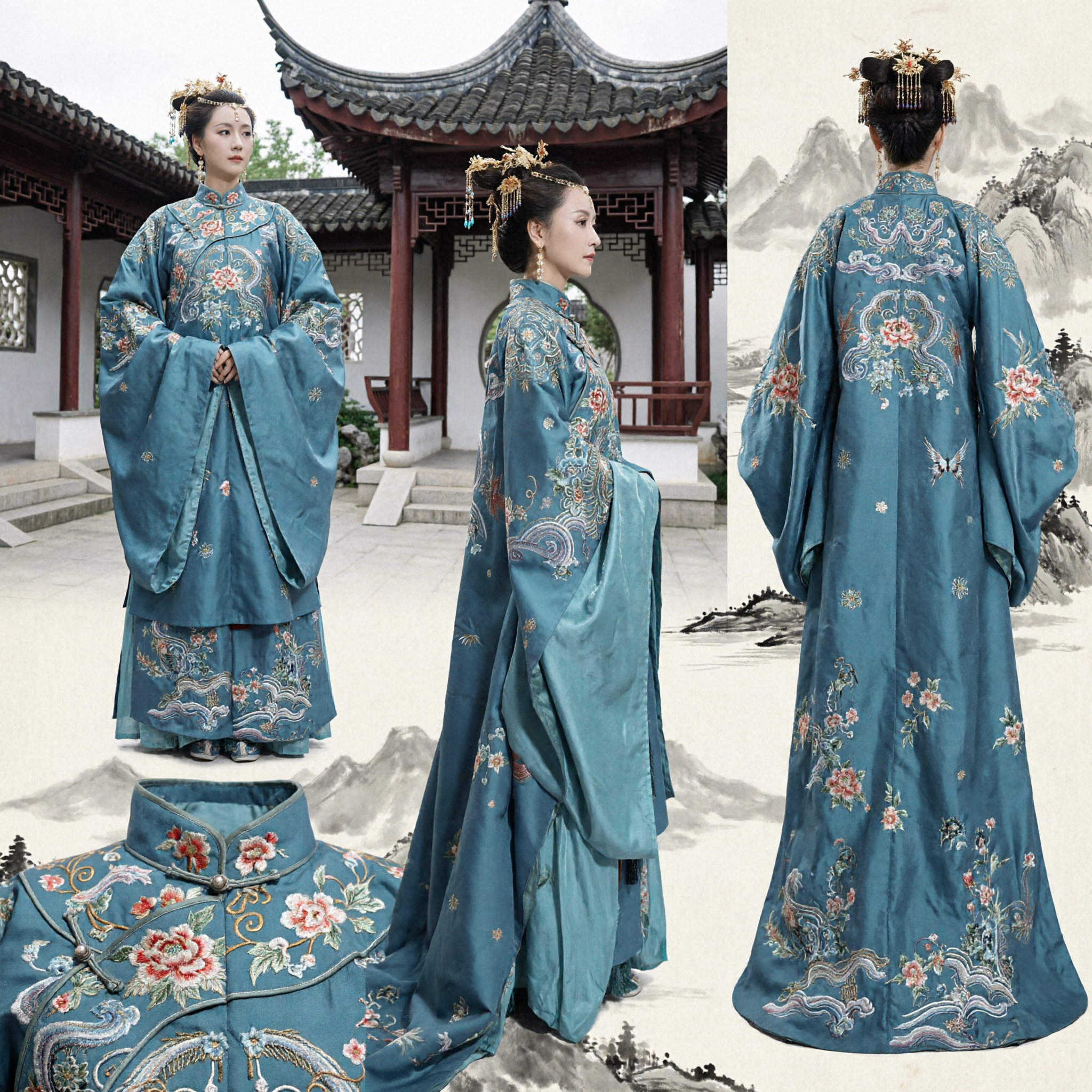 Elegant Blue Embroidered Hanfu Robe Traditional Chinese Ancient Palace Costume for Women Wedding Ceremony