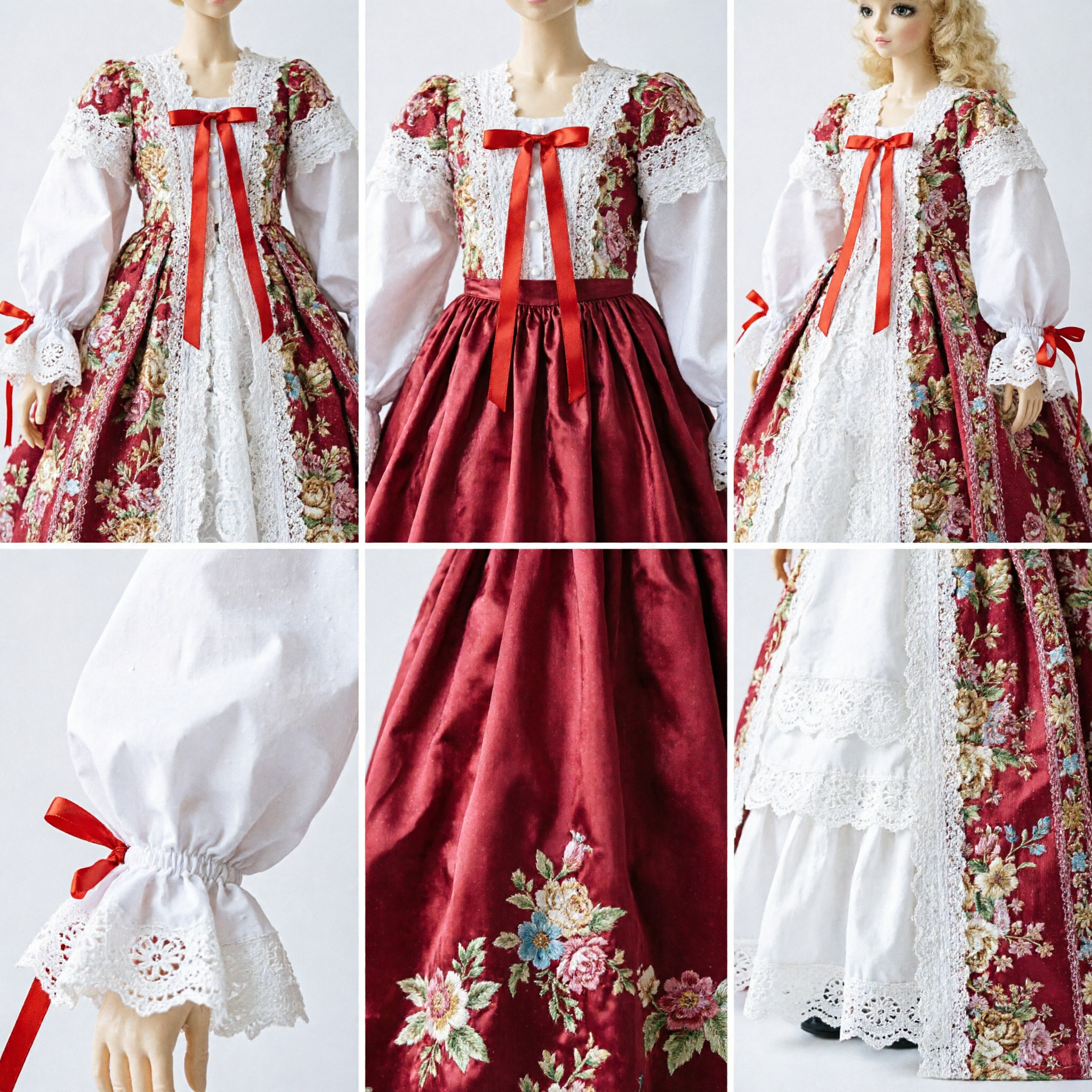 Elegant Red Baroque Style BJD Doll Dress with Gold Floral Print and White Lace for Collectors